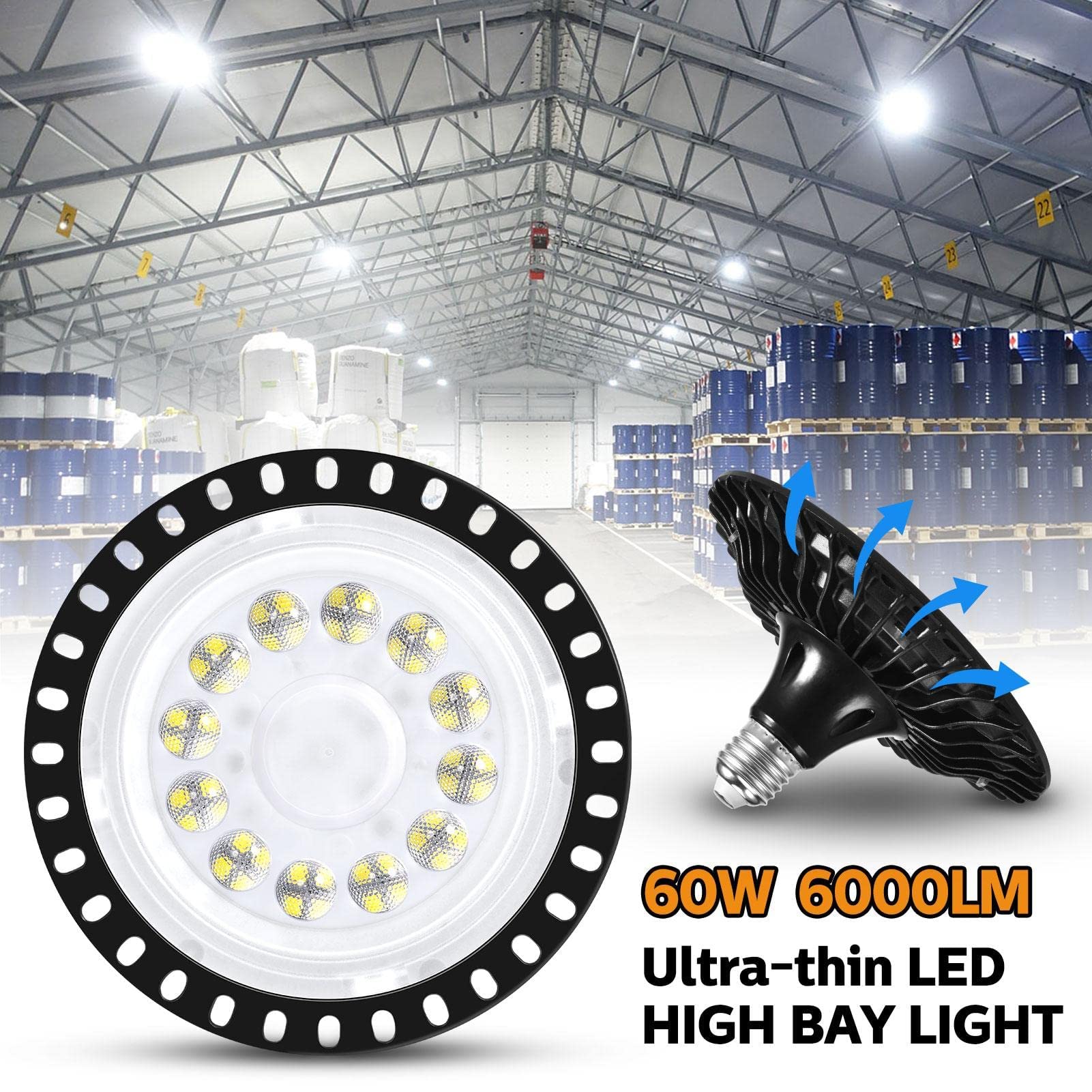 6 Pack UFO LED High Bay Light, lampa przemysłowa 6000LM Światło dzienne 60W Oświetlenie LED Bay, komercyjne oświetlenie sufitowe, oświetlenie przemysłowe 6500K Zimna biel do warsztatów magazynowych, o