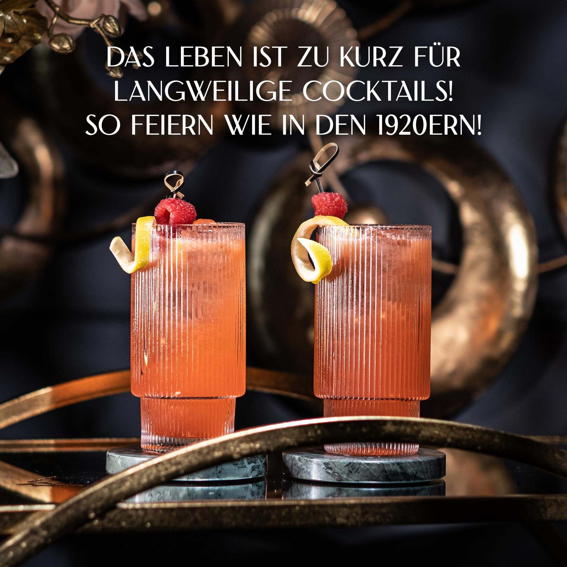 GLASSIQUE CADEAU Vintage Art Deco Collins Gin Longdrink Gerippte Cocktailgläser | 4er Set | 400 ml Schmale Hohe Geriffelte Highball Longdrink Gläser für Mojito Cocktails