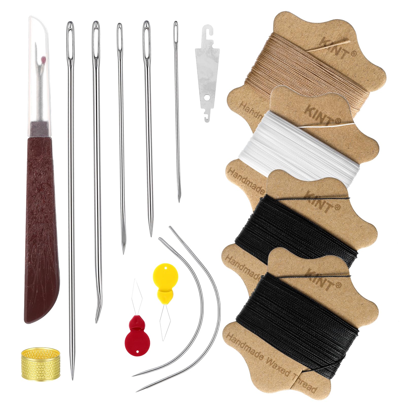 Heavy Duty Sewing Kit for Leather & Auto Upholstery – 4 Rolls Waxed Thread (3 Colors) + 7 Heavy Duty Needles, Canvas Furniture Carpet Repair Bookbinding Quilting Set