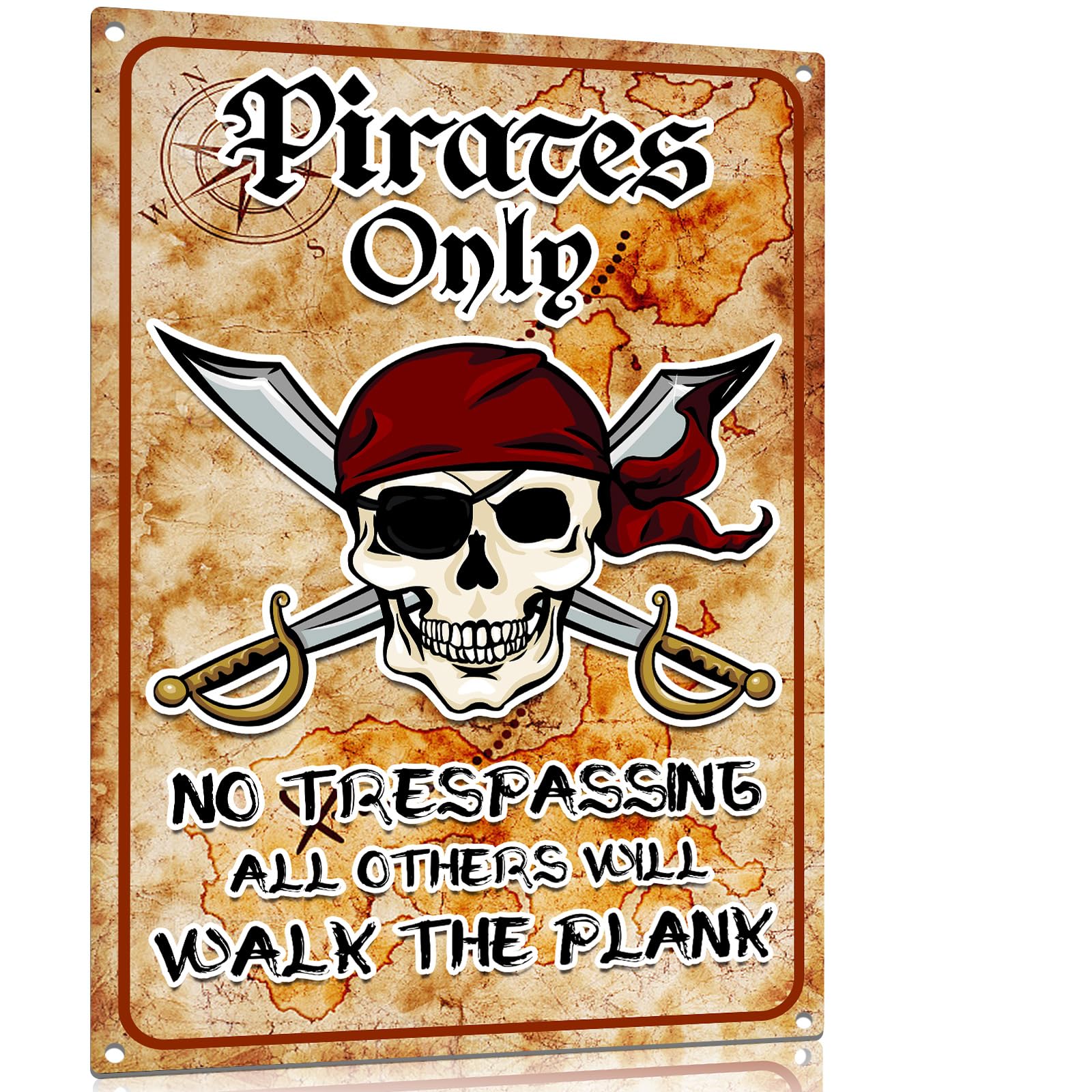 Halloween Decorations Pirate metal signs Pirates Only No Trespassing, Walk The Plank Warning, Spooky Skeleton Skull Wall Decor for Haunted House, Party Decorations, Indoor Outdoor Halloween Props