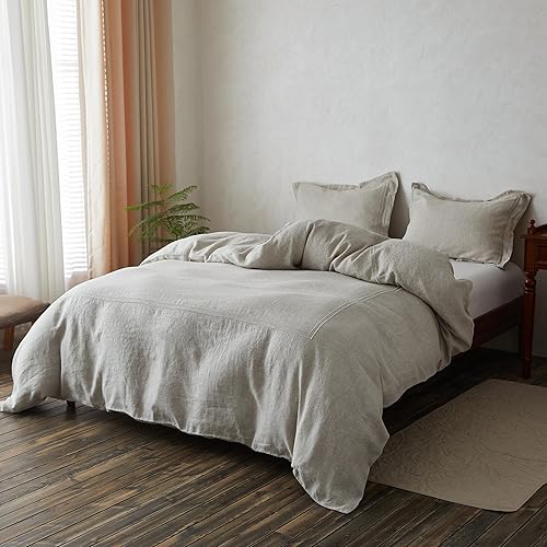 Miniatura 8 de Simple&Opulence Juego de funda de edredón 100% lino lavado de 88 x 92 pulgadas, juego de edredón suave de 3 piezas, doble bordado con cierre de