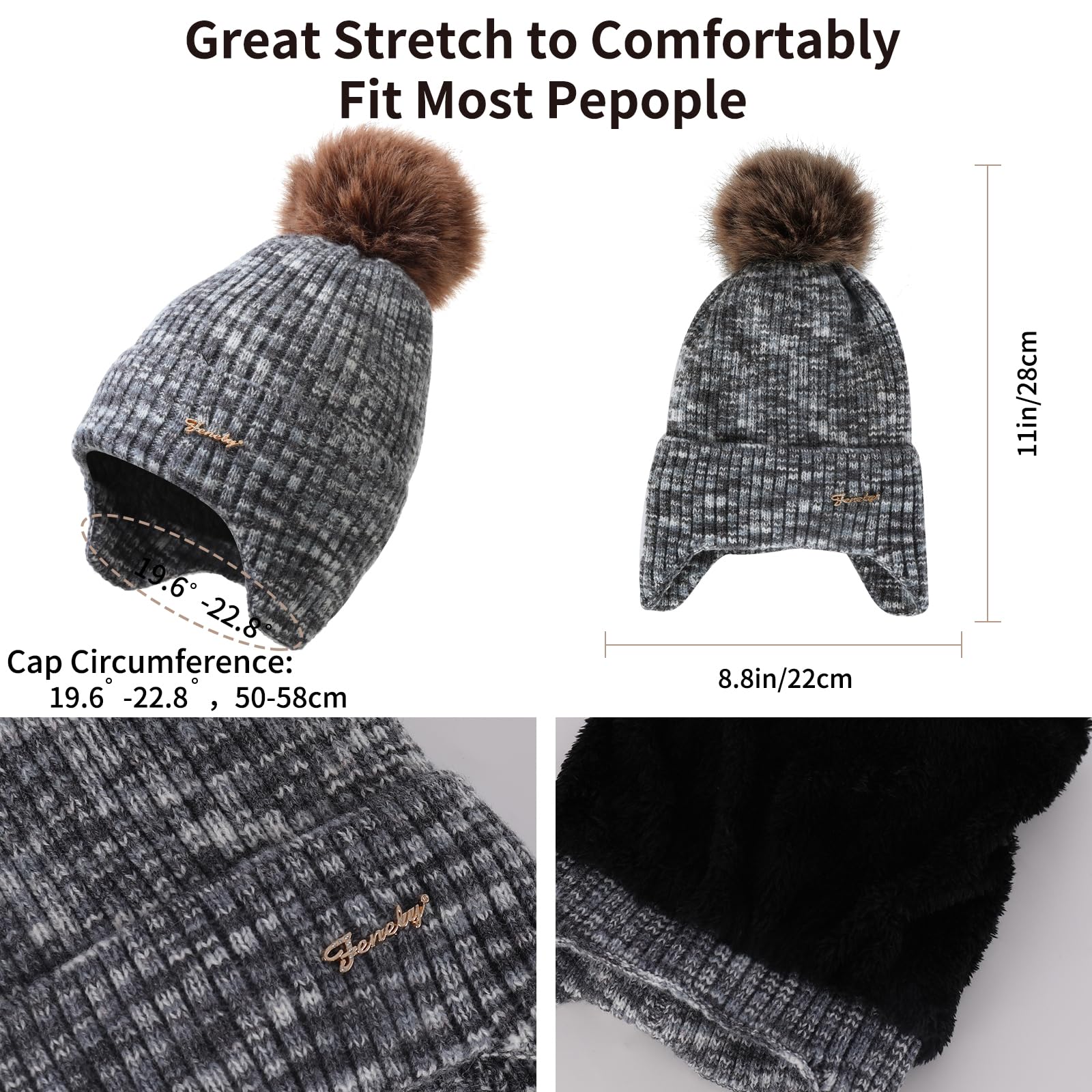 Winter Beanie Mütze Schal Handschuhe Set für Frauen Klassische Beanie mit abnehmbarem Pom Pom Lange Schal Touchscreen Handschuhe 3 in 1 Set