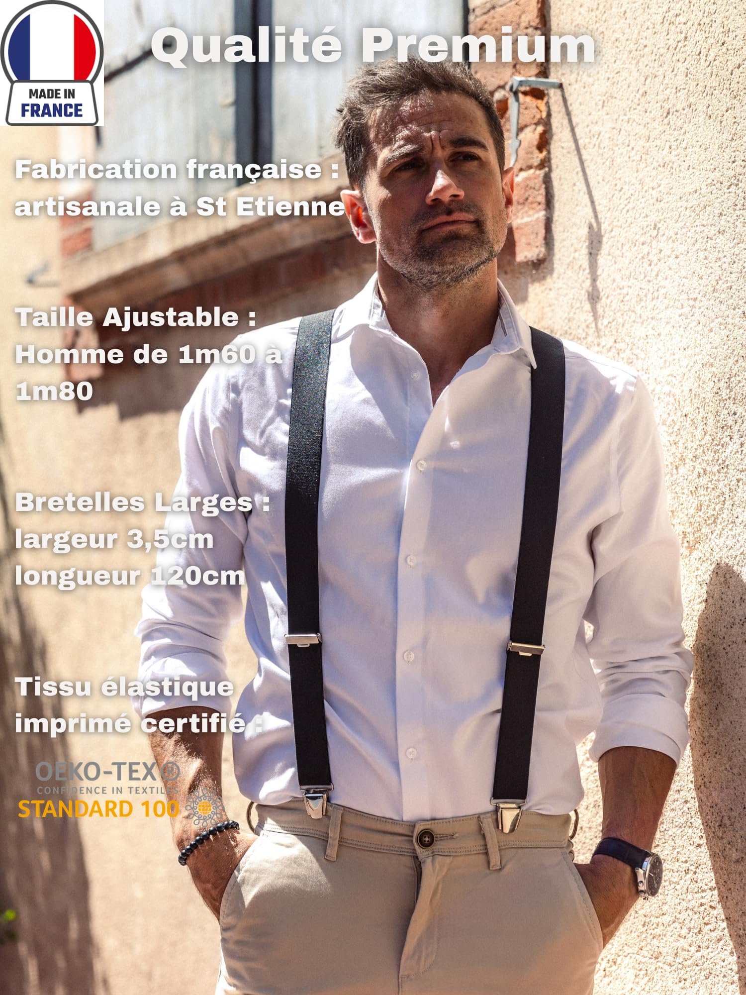 Bretelles Homme Larges en Y Made in France - Bretelles Elégantes & Classiques - Dos 100% Cuir - Tissu Résistant Elastique - 3,5 cm x 120 cm - Pinces Fort Maintien du Pantalon