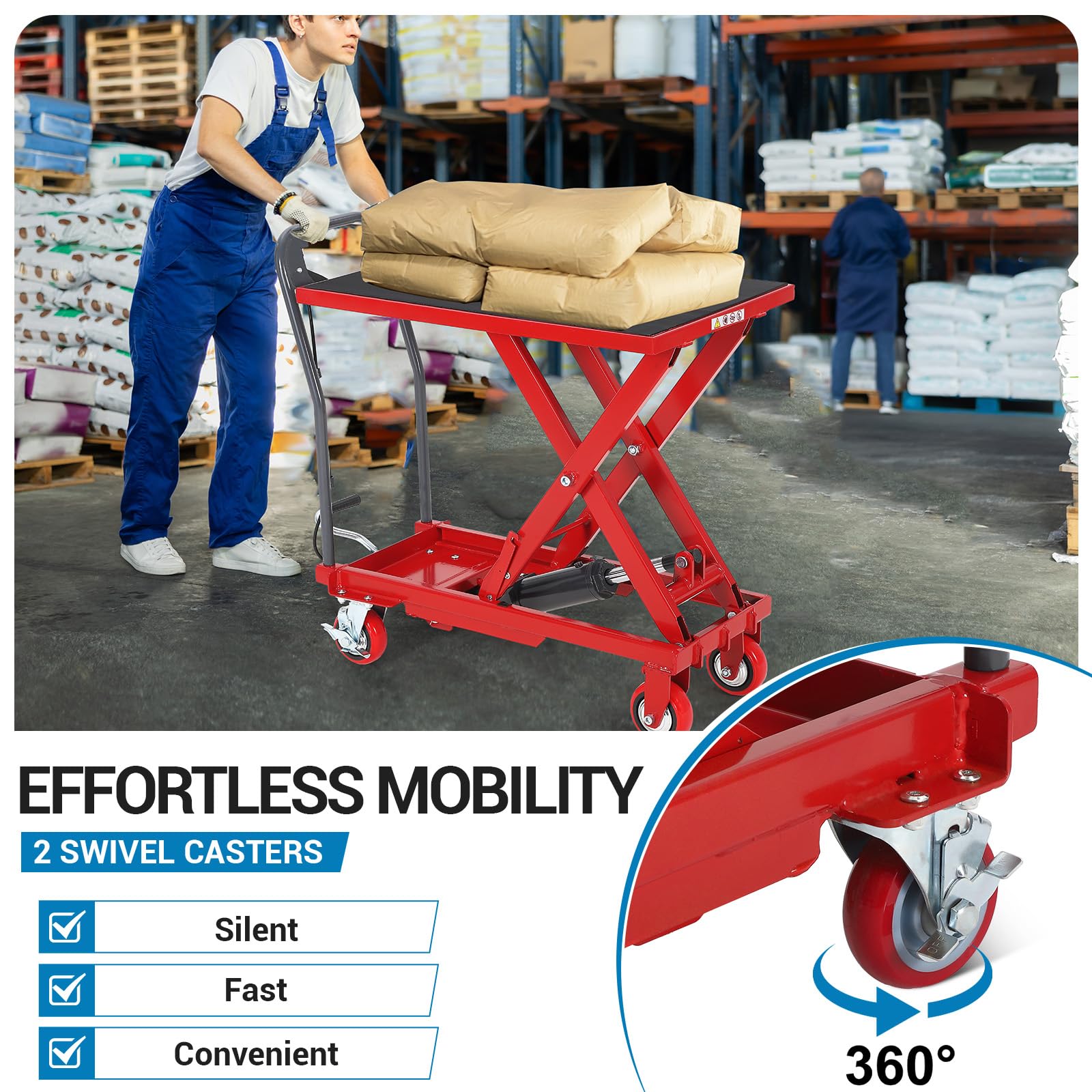 Garvee Hydraulic Lift Table Cart, 500 LBS Capacity 28.5 in Lifting Height, Single Scissor Lift Table with 4 Wheels and Non-Slip Pad for Material Handling and Transportation, Red