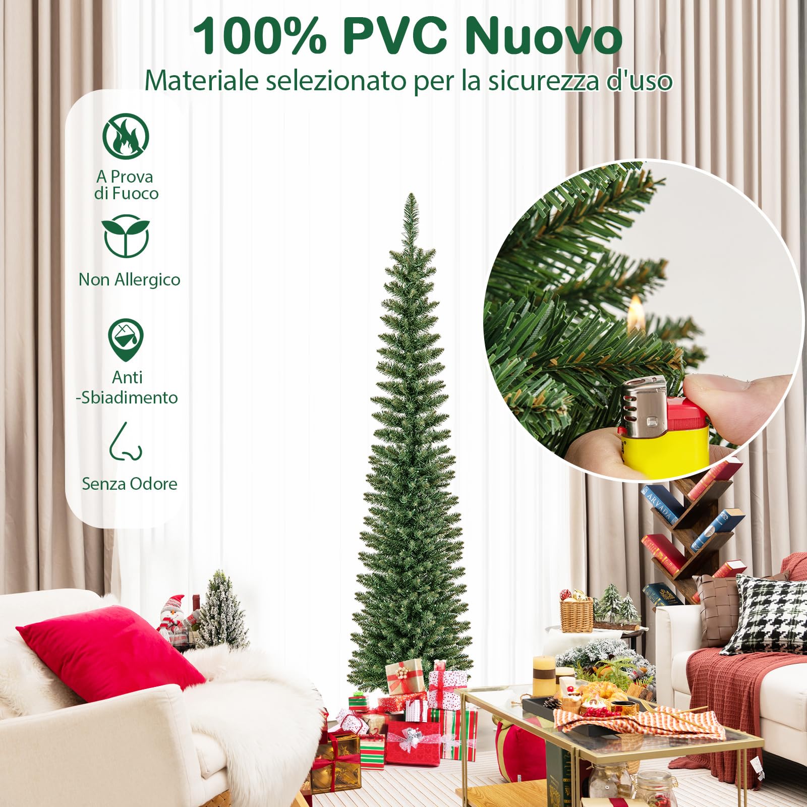COSTWAY Albero di Natale Slim da 150/180/210 CM, Albero di Natale Artificiale con 150/180/200 Luci LED Bianche Calde, 296/390/499 Punte di Ramo e Supporto Pieghevole in Metallo (180 cm)