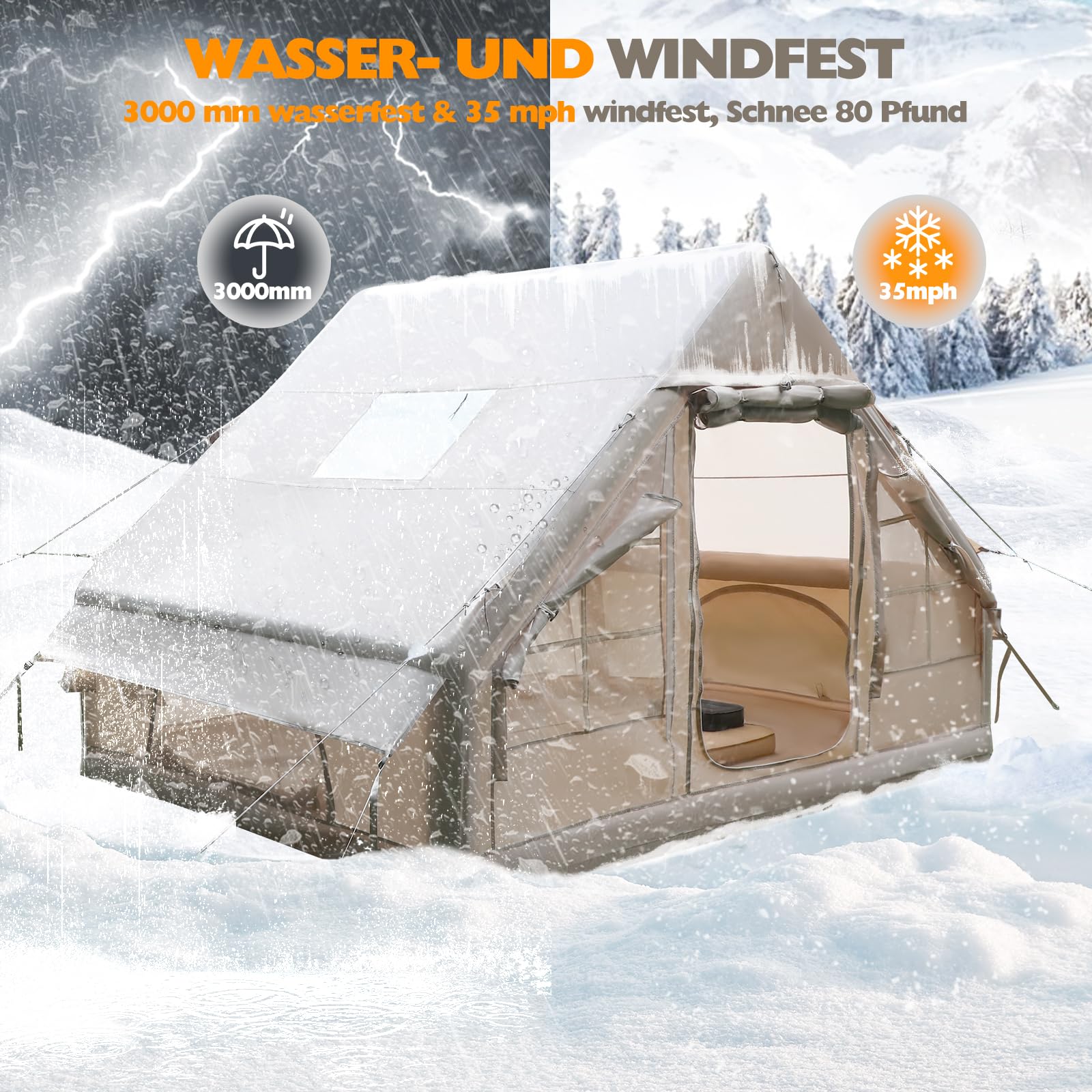 Tienda de campaña hinchable con bomba, 420D Oxford Glamping, tienda inflable para camping con chimenea y claraboya, 4 temporadas, ventana de malla, puertas para 4-6