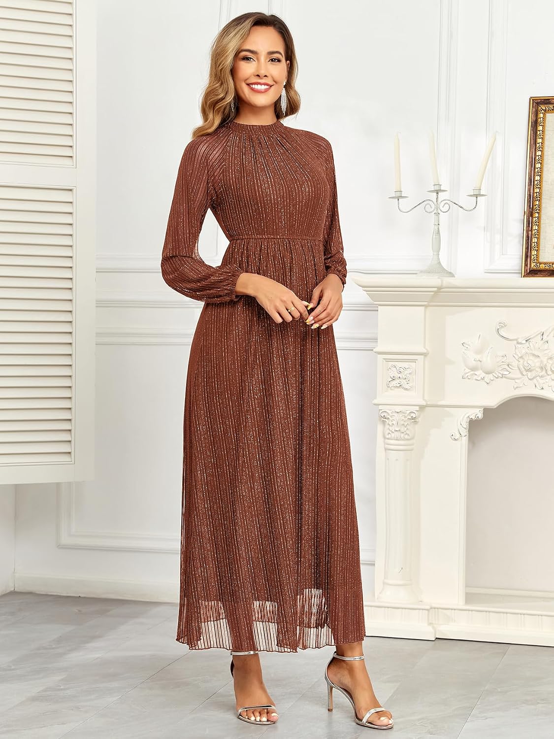 AISWI Maternity Sparkly Dress Halter Neck A Line Long-Sleeve Raglan Pregnancy Dresses Semi Formal Baby Shower Photoshoot