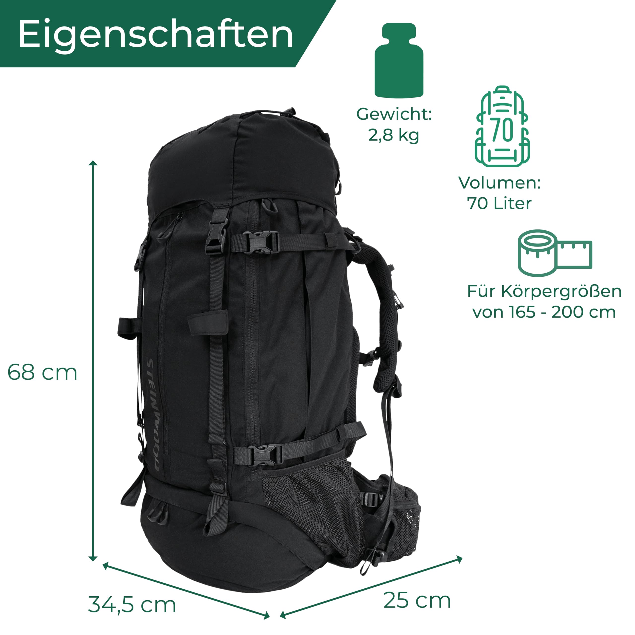 Steinwood Trekkingrucksack 70L (neu 2024), Wanderrucksack, Backpacker-Rucksack, Reiserucksack, wasserabweisend mit Regenhülle, schwarz