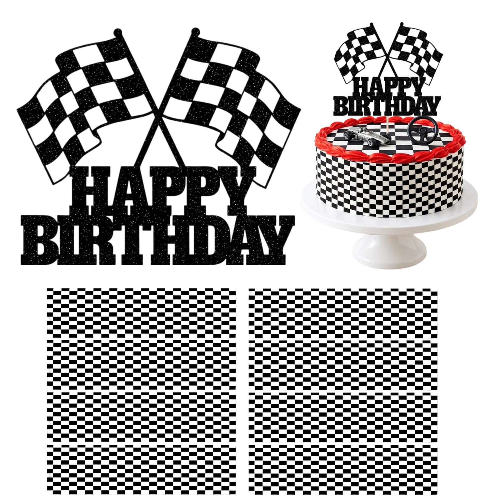 9Pcs Racing Car Cake Decorations, F1 Cake Decorations with Checkerboard Silhouette Cardboard and Car Flag Topper, Stylish Car Cake Topper Set, Ideal for Race Car Birthday Party