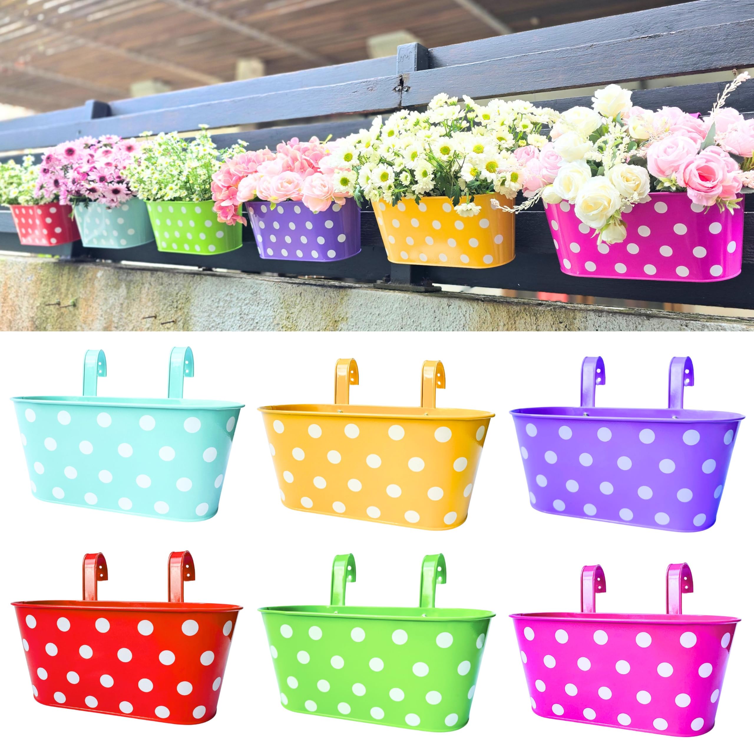 LaLaGreen Outdoor Hanging Planter (11.2 Inch, 6 Pack) Light Blue, Neon Pink, Dark Purple, Yellow, Red Metal Iron Window Box Polka Dot Herb Flower Pot