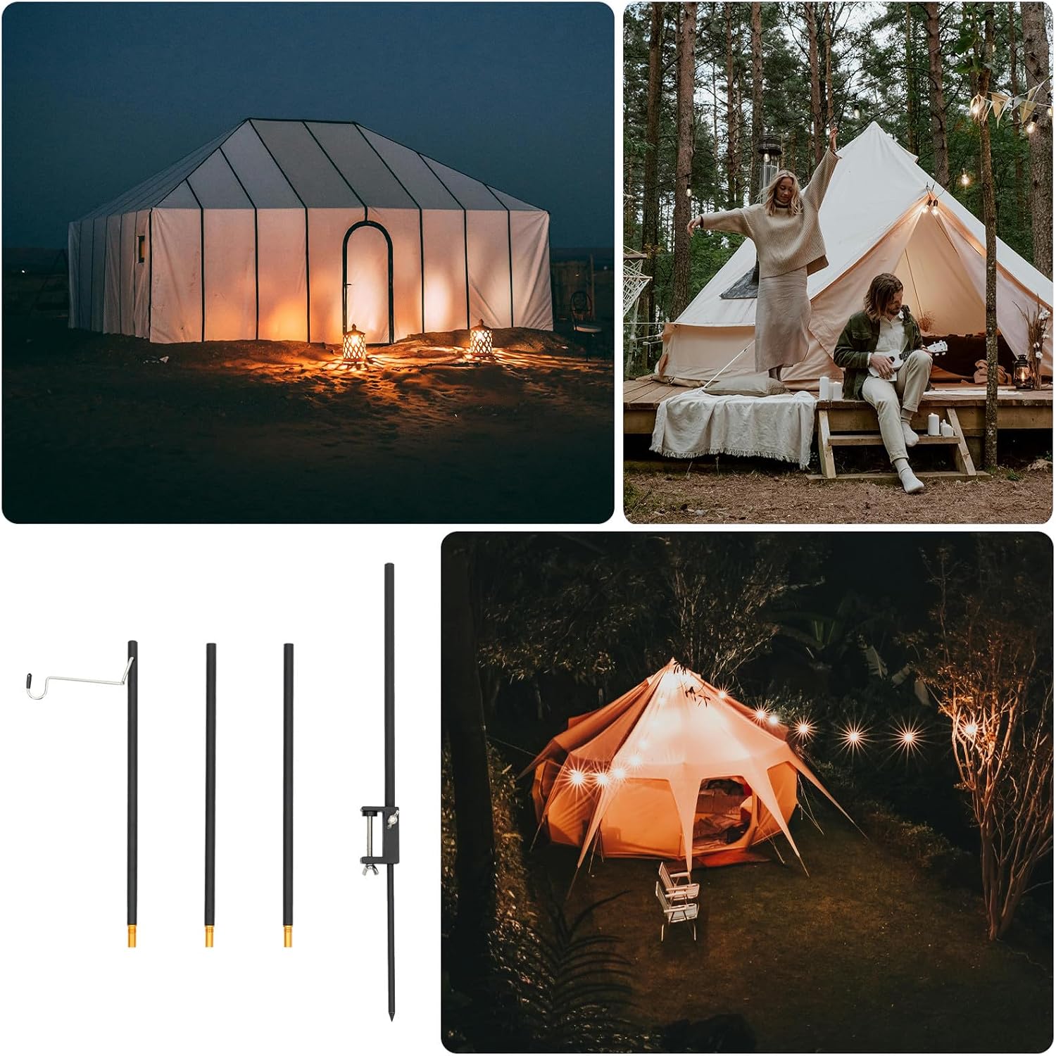 Portable Camping Lantern Stand and Light Bulb Cage, Foldable Aluminum Alloy Lamp Rack with Single Hook, Black, Outdoor Tent Accessory for Hiking and Backyard Lighting