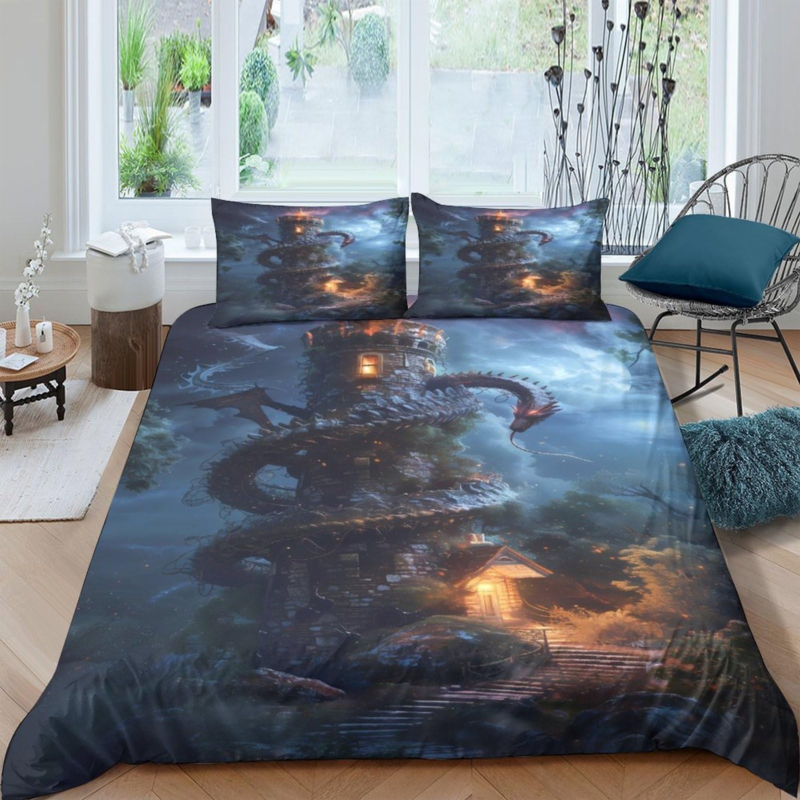 Ctjqhvkz Style-1 3D Printed Fantasy Dragon Castle Fitted Sheet Microfiber Soft Dark Blue Magic Forest Bed Cover Non Slip Bedroom Decor Single（135X200cm）