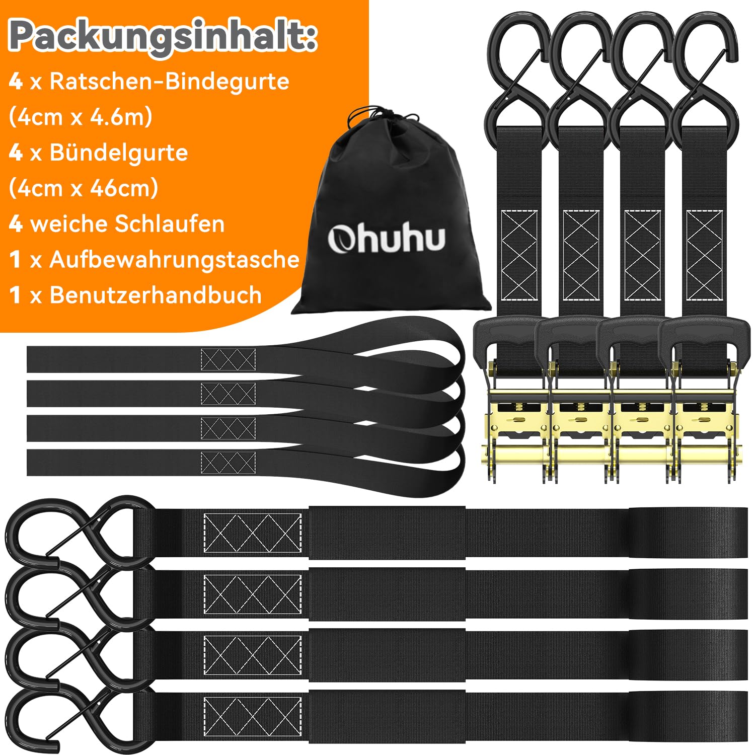 Sangle à cliquet 4 pièces Resistance 1500kg, Ohuhu 4,6m x 4cm Sangle d'arrimage avec Crochets sécurisés et plastifiés et 4 Boucles Souples idéal arrimage Transport Bagages, Meubles, remorque (Noir)