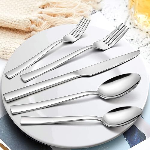 Miniatura 9 de LIANYU Juego de cubiertos negros de 20 piezas con bandeja, cubiertos cuadrados de acero inoxidable para 4, utensilios de cocina negros para el