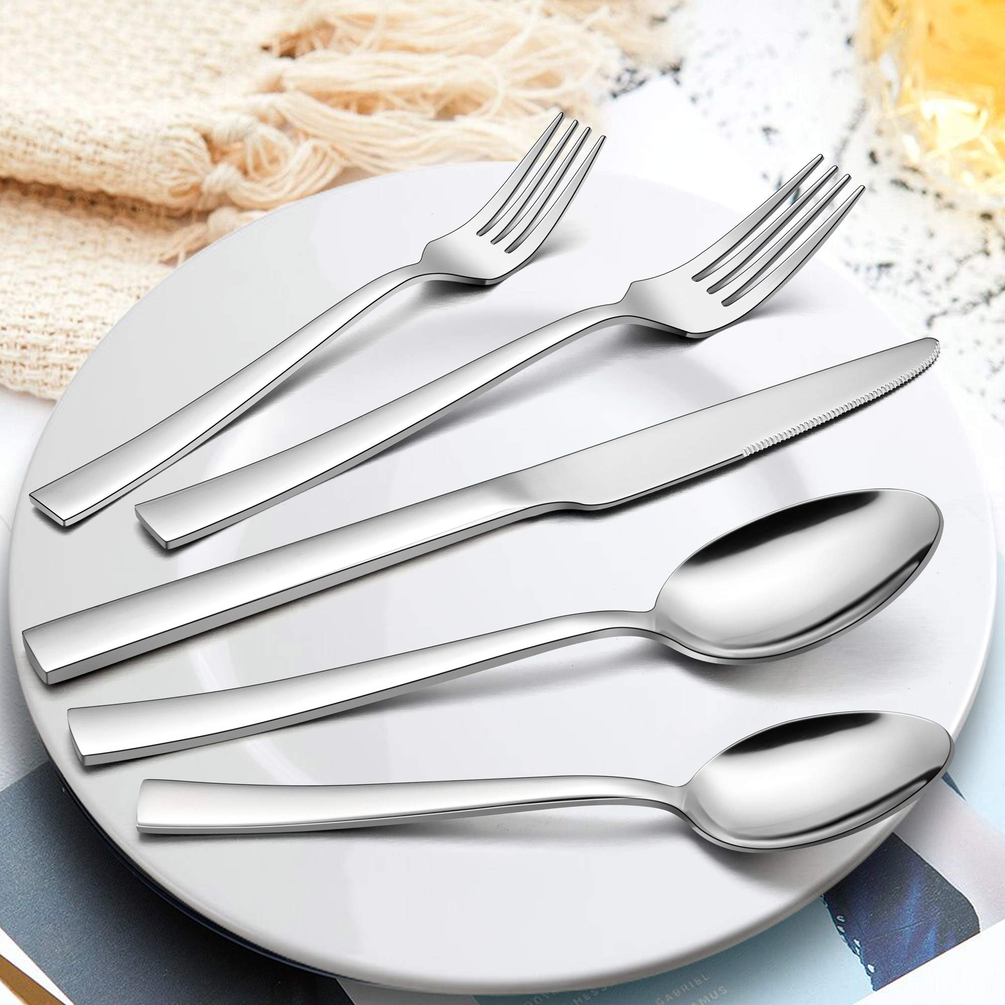 LIANYU Juego de 60 cubiertos de acero inoxidable con bandeja, cubiertos cuadrados para 12 platos, vajilla para restaurante en casa, apto para lavavajillas, pulido espejo