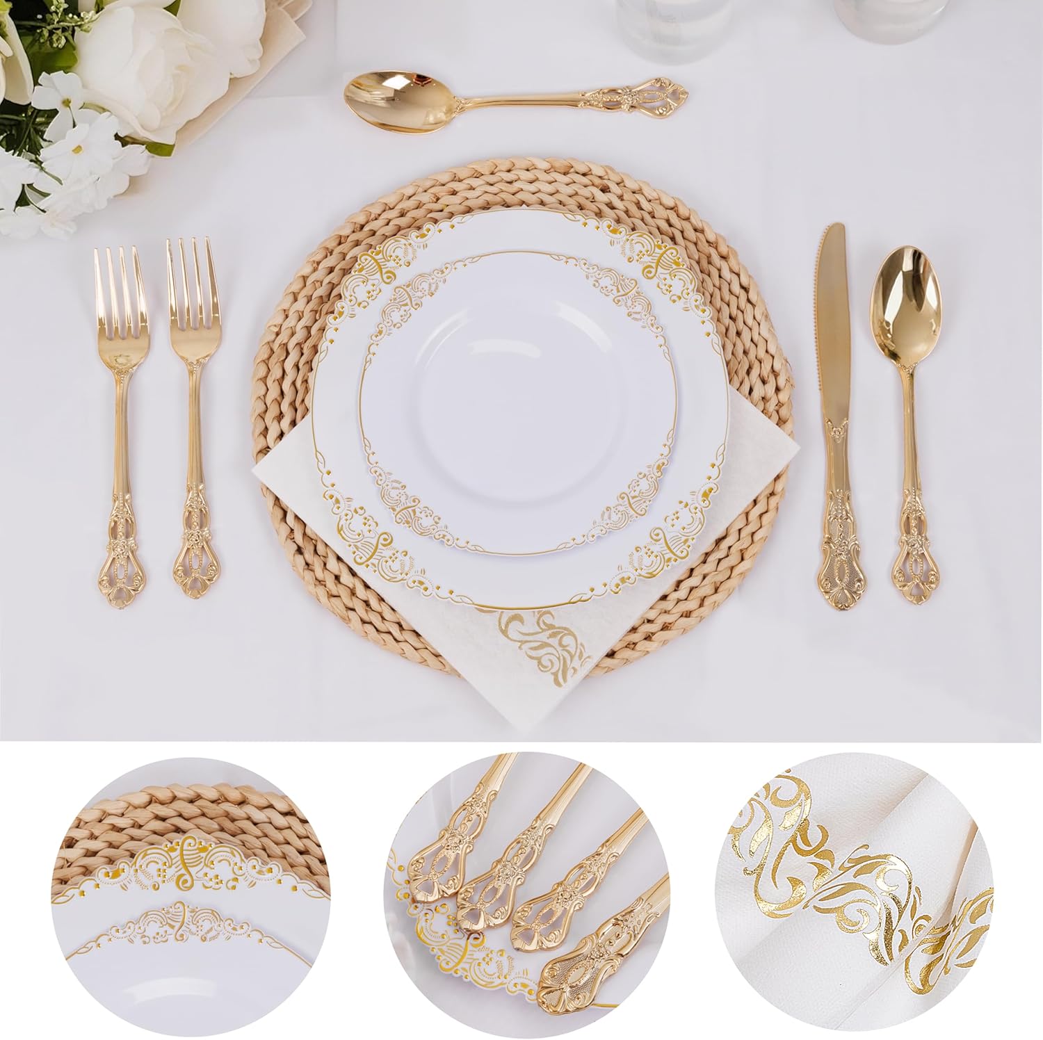 Ciaell 300PCS White and Gold Plastic Plates - Gold Disposable Dinnerware Sets for 50 Guests - 100 Plates, 50 Knives, 50 Forks, 50 Spoons, and 50 Napkins for Wedding, Anniversary, Party - Image 8