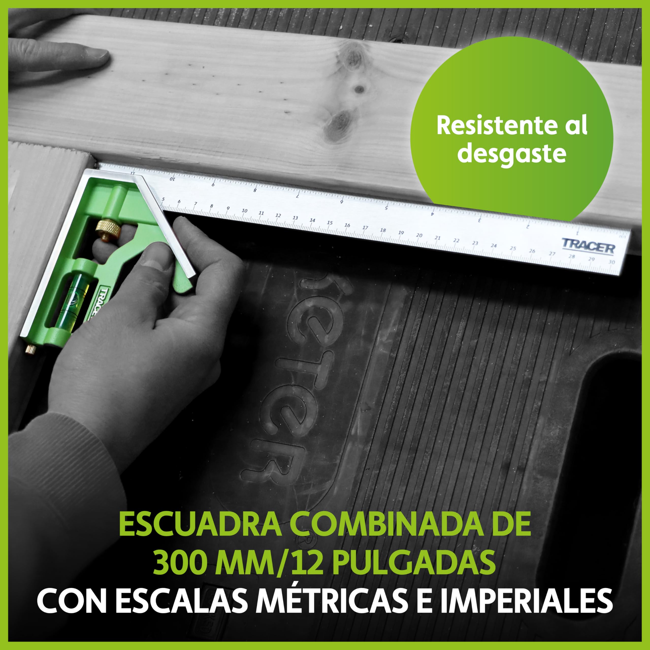 TRACER Combinación cuadrada de 300 mm. Herramienta de medición de 45/90 grados con nivel de burbuja integrado y herramienta de escritura. Escalas métricas e imperiales