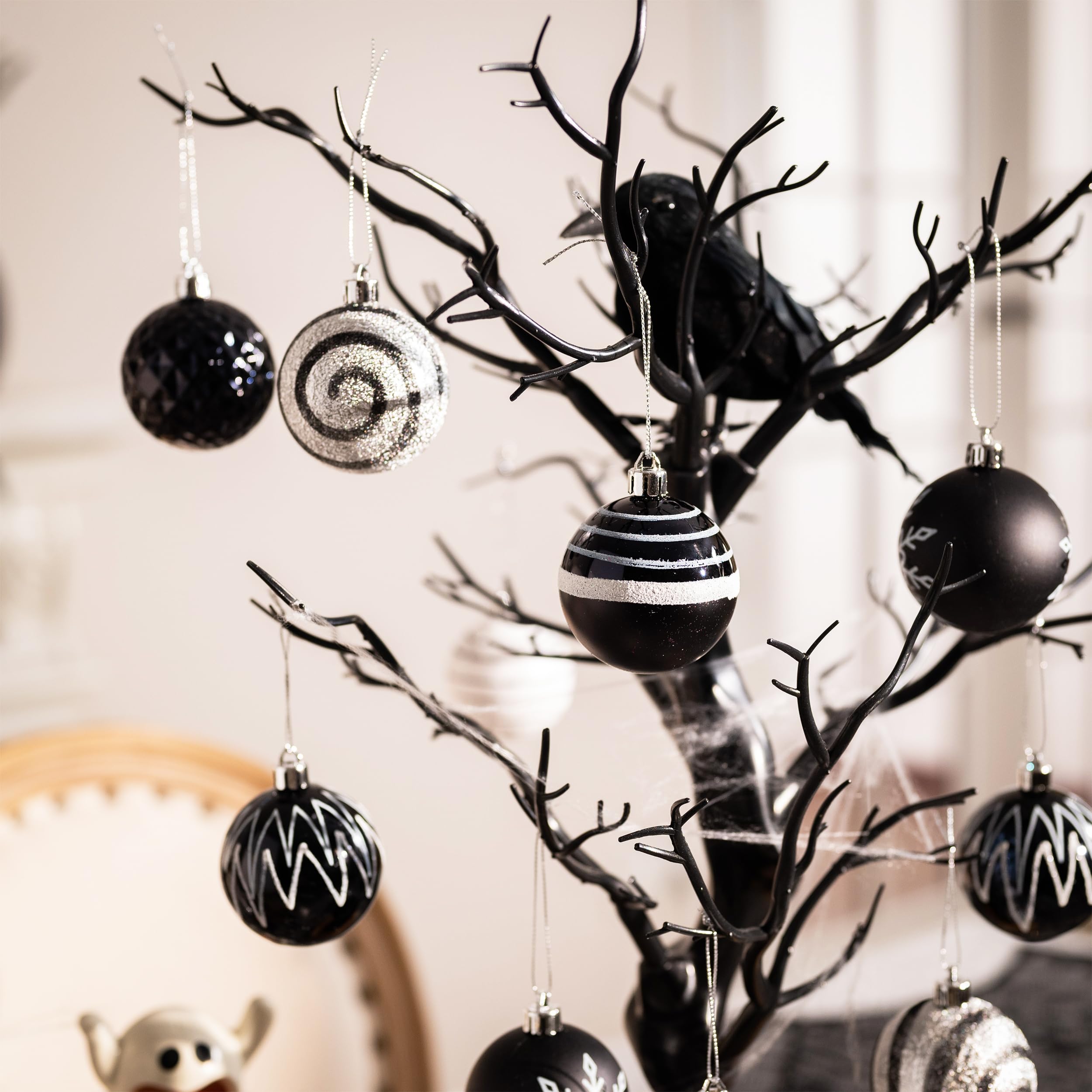 Valery Madelyn Halloween Ornaments Tree Decorations, 16ct Black and White Shatterproof Boho Christmas Ball Ornaments Set, 2.36 Inch Modern Decorative Hanging Ornament Bulk for Xmas Holiday Party Decor