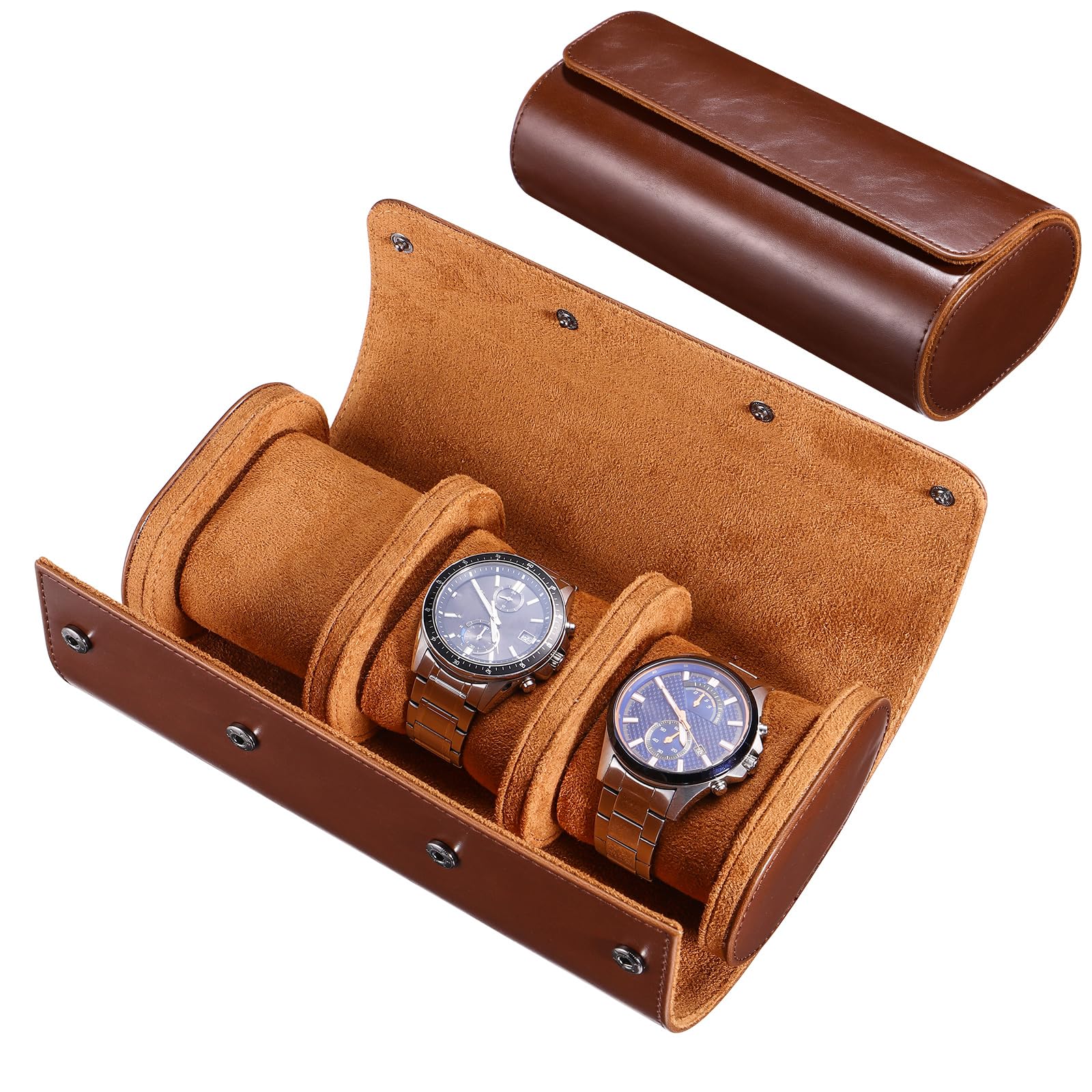 Watch Box for Men: Portable Travel Watch Roll Case 3 Slot Vintage PU Leather Case Organizer for Wristwatches and Smart Watches up to 50mm, Brown