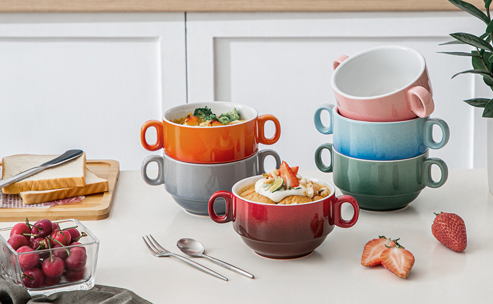 LOVECASA Set De 6 Bols à Soupe En Céramique - 420ml Avec Anses - Passent Au Lave-Vaisselle Et Four - Multicouleur