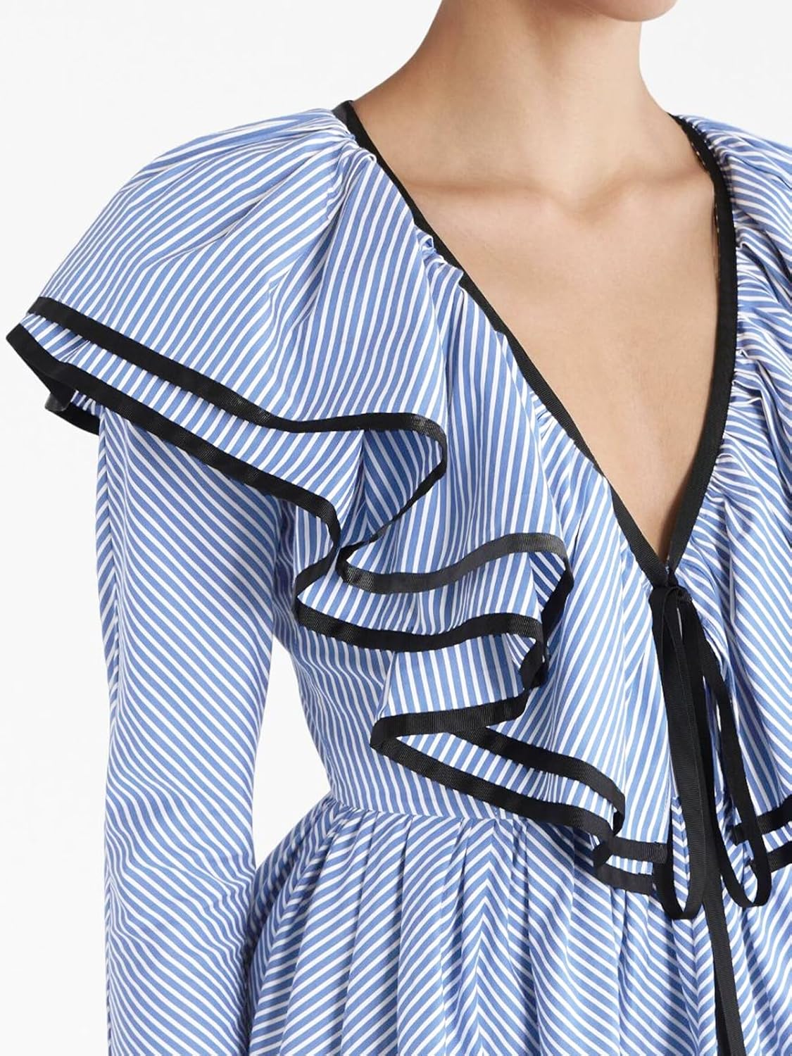 Womens 2026 Summer Ruffle Mini Dress Tiered V-Neck Contrast Striped Party Casual Long Sleeve Flowy Dresses - Image 5