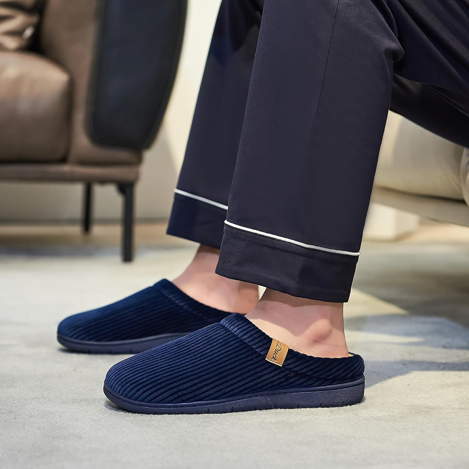 Men's Two-Tone Slippers with Arch Support Slip-On Warm House Shoes Cozy Memory Foam Indoor/Outdoor Breathable Slipper - Image 2