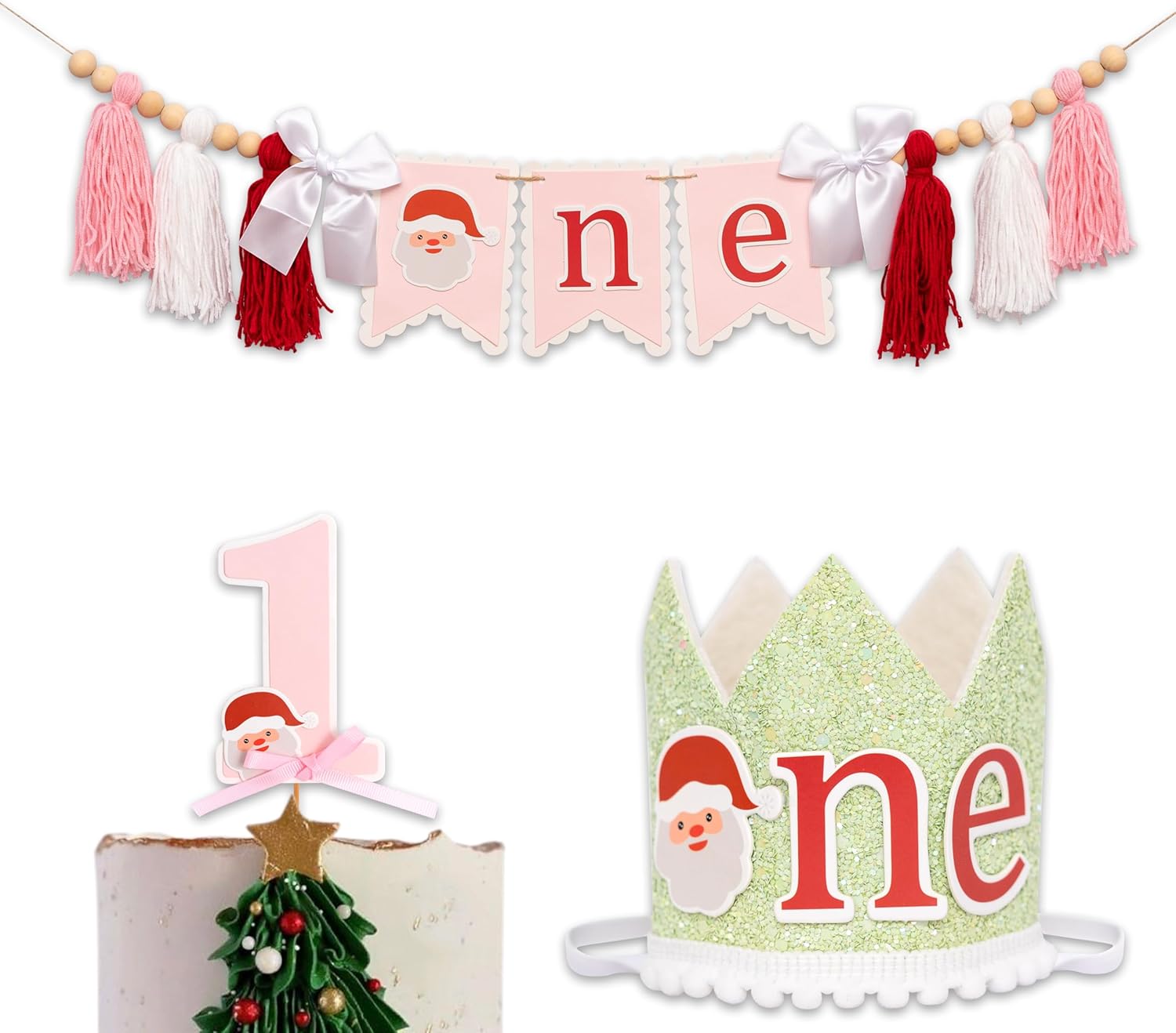 Gostman Christmas First Birthday Decoration - Oh What Fun It Is To Be One Theme Party Banner Cake Topper Crown,Santa 1st Birthday Decor