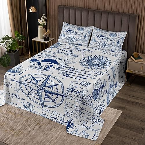 Miniatura 5 de jejeloiu Juego de colcha náutica para niños y niñas, con estampado de barco, juego de colcha acolchada con ancla, decoración de dormitorio,