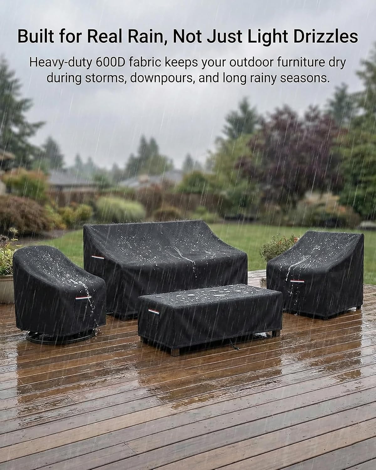4-Piece Patio Furniture Cover Set, Waterproof Outdoor Furniture Covers for 3-Seater Sofa, Patio Chairs & Coffee Table, Heavy-Duty 600D, Fade&UV-Resistant, Breathable, All-Season Protection, Black