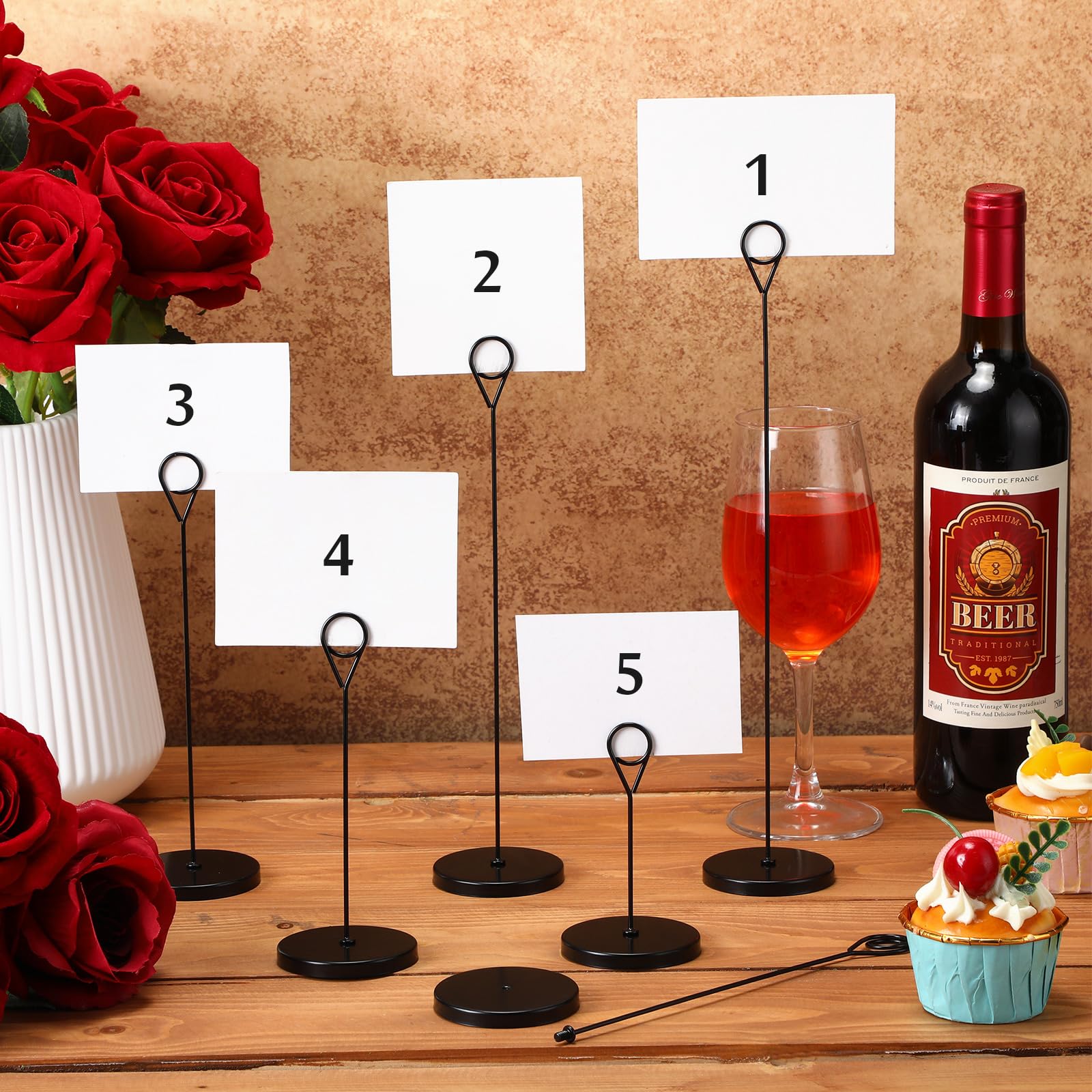Faccito Lot de 10 supports amovibles en métal pour numéro de table, 5 tailles, nom, menu, note, photo, panneau de table pour mariage, anniversaire, fête (noir)