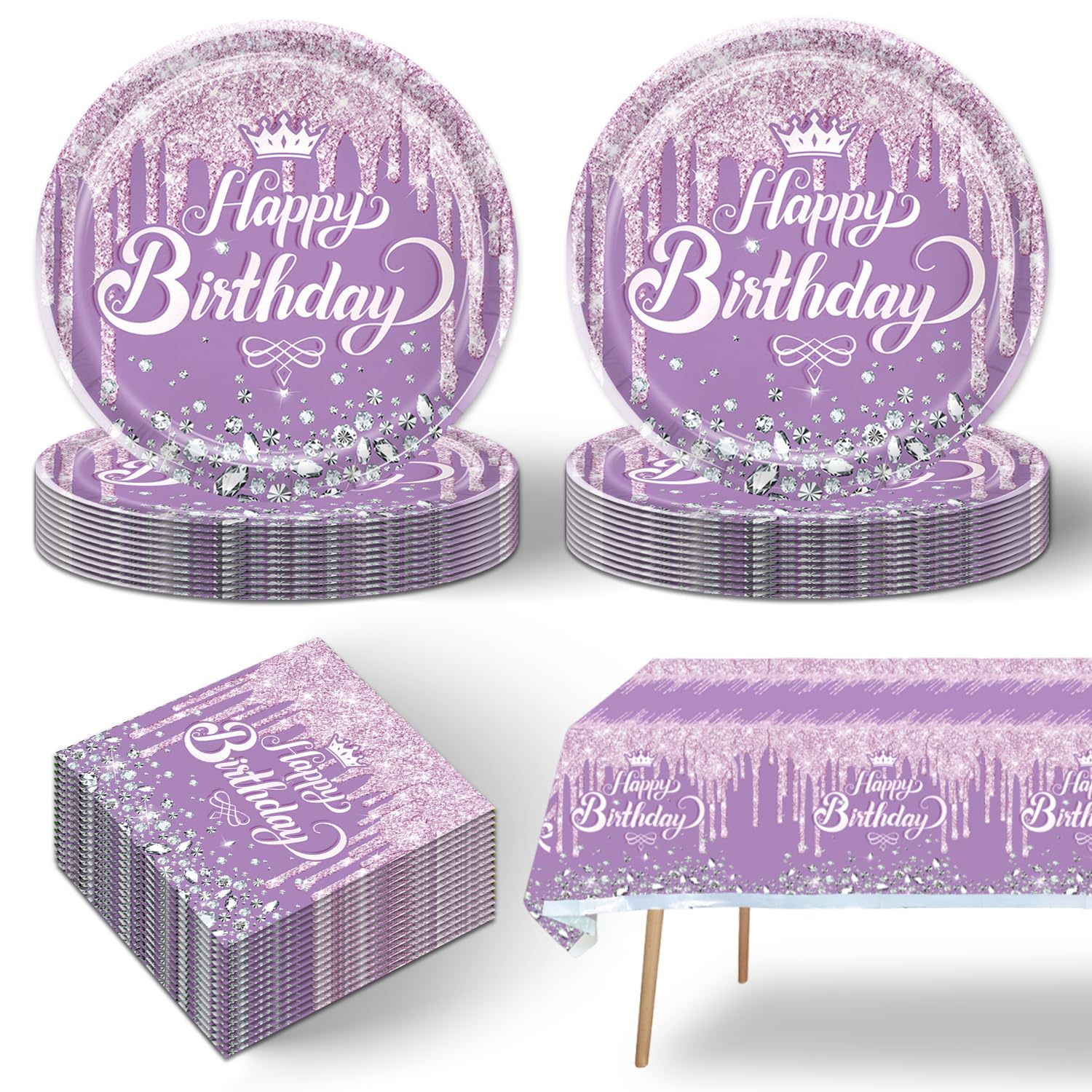 41pcs Purple and Silver Party Supplies ,include 20 dessert plates,20 Napkin and 1pcs Tablecloth,Used for Purple Silver Glitter Birthday Party