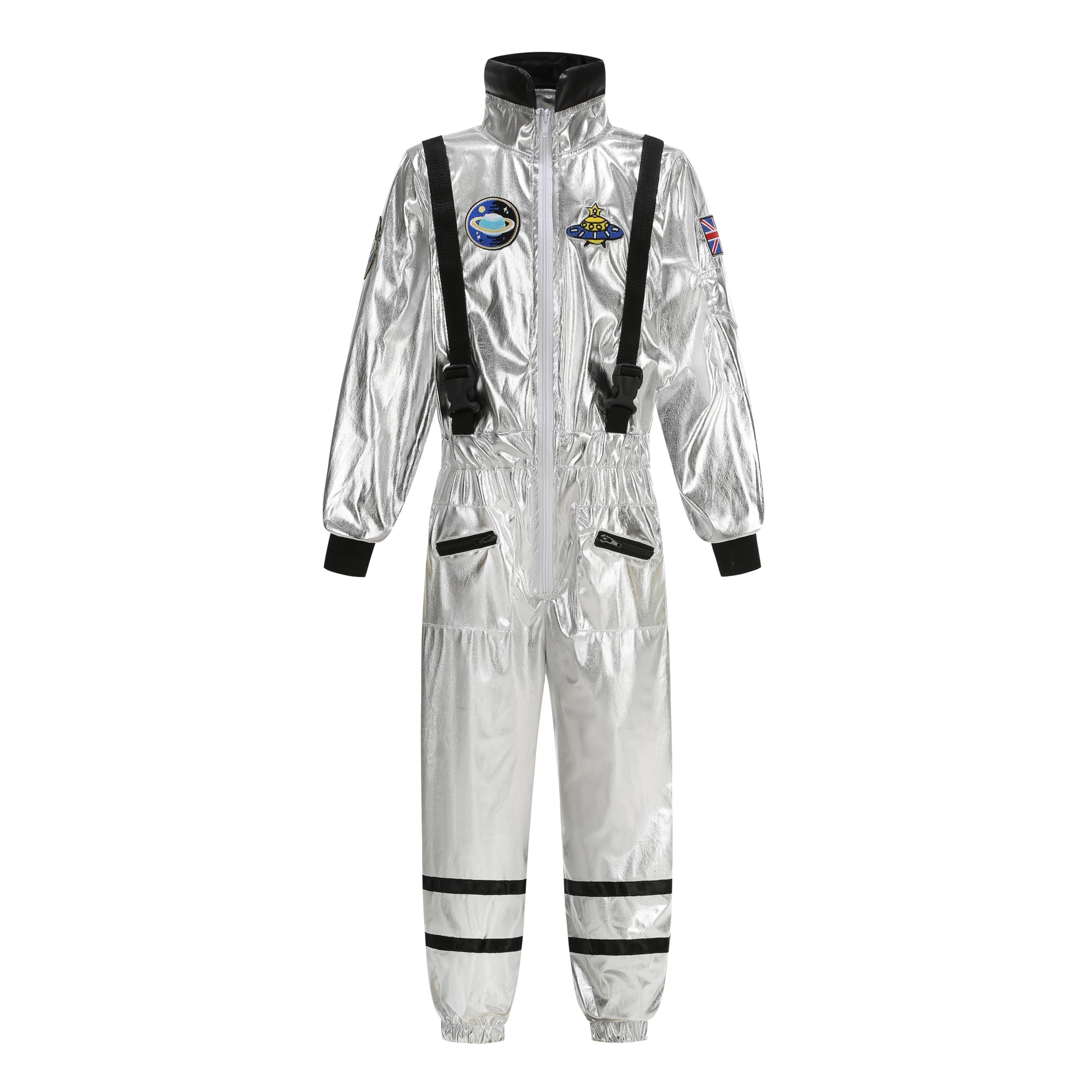 DELIVESS Kids Astronaut Costume Set Jumpsuit and Helmet Headpiece Halloween Space Theme Party Role Play Outfit 2 Pcs (Silver, M)