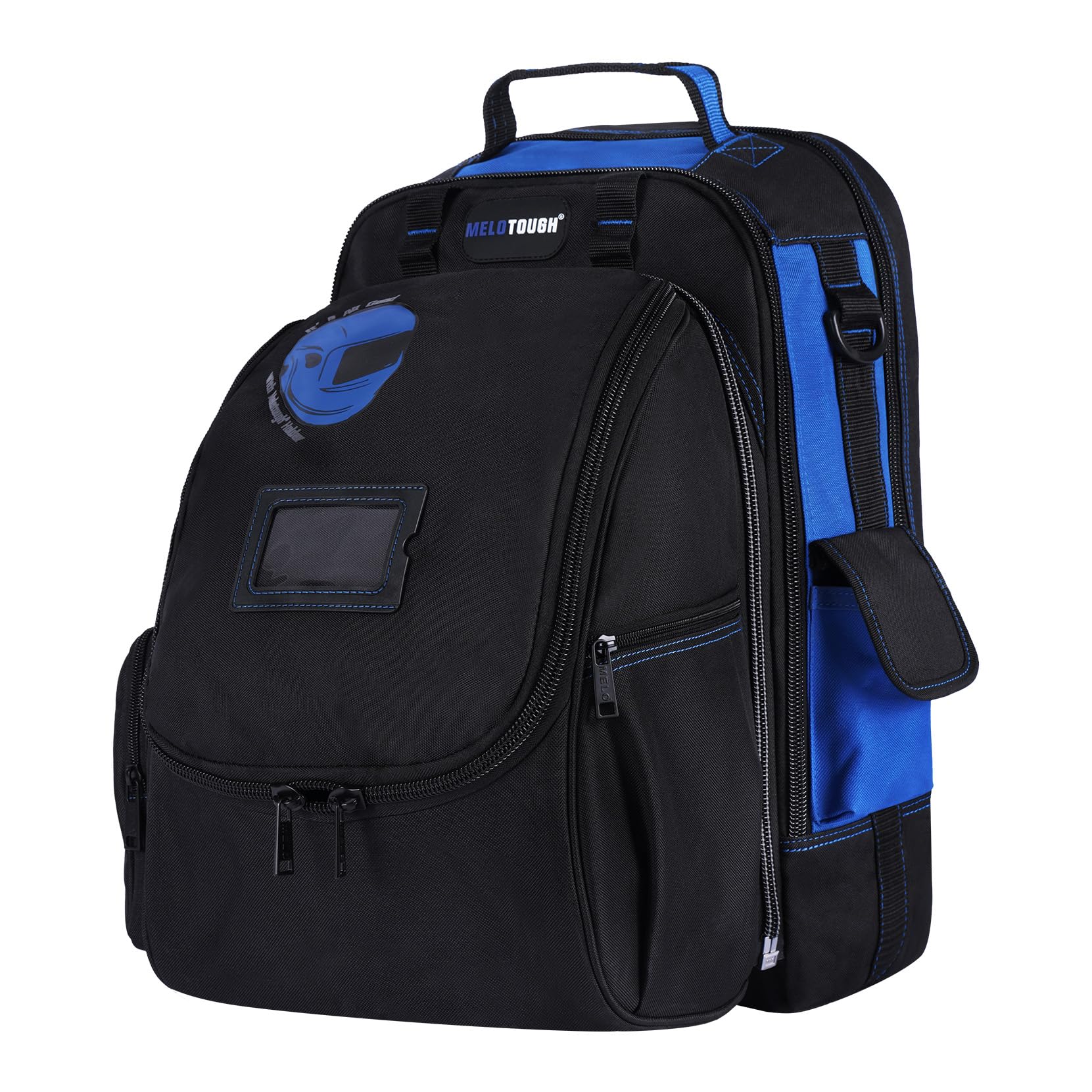 MELOTOUGH Sac à dos pour outils d'électricien avec loquet de casque, sac de rangement robuste pour électricien, charpentier, ouvrier, construction, chauffage, climatisation, soudeur (bleu)