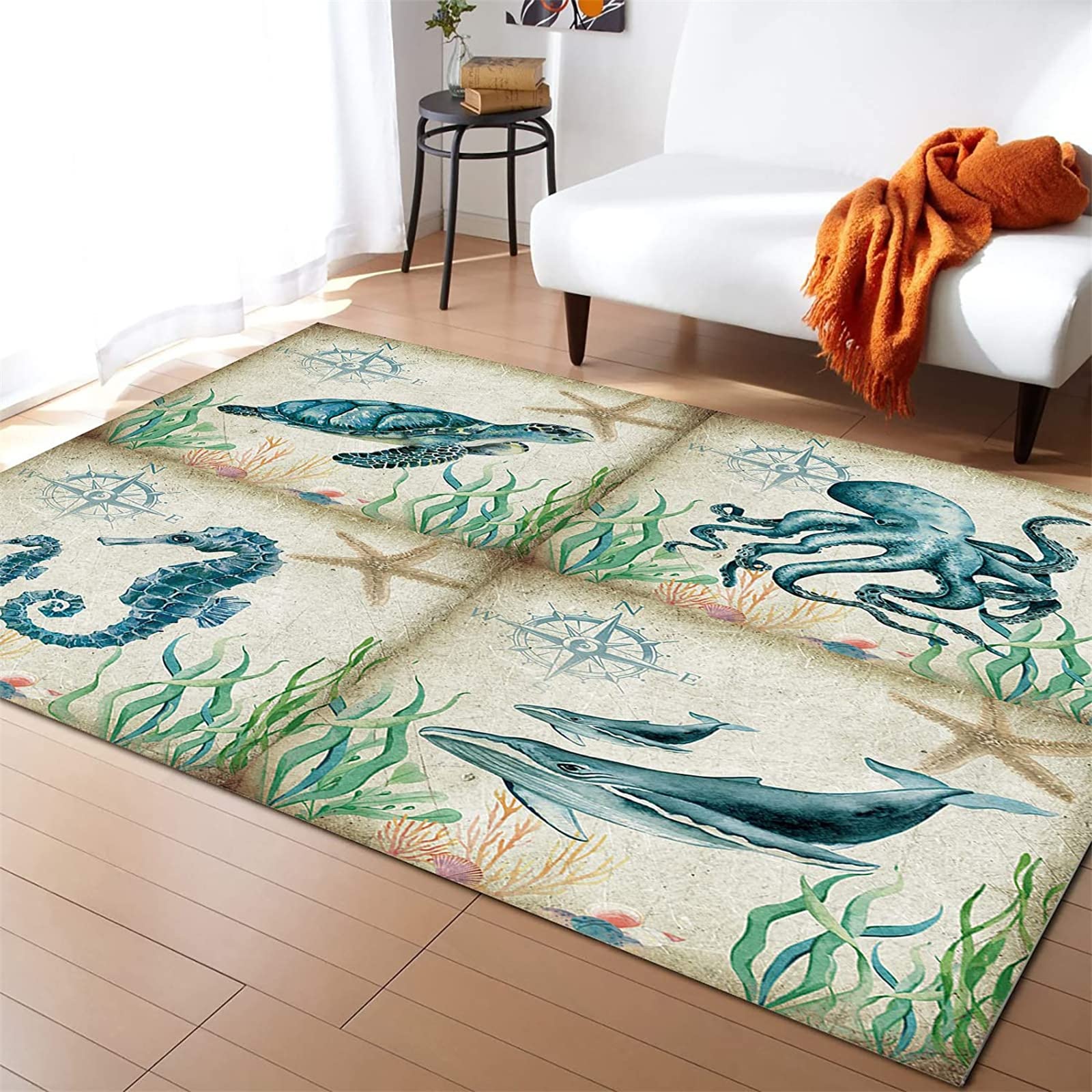Ocean Nautical Animals Area Rug,4x6ft Blue Turtle Seahorse Octopus Shark Animal Print Non-Slip Rugs, Underwater World Living Room Decorative Carpet,