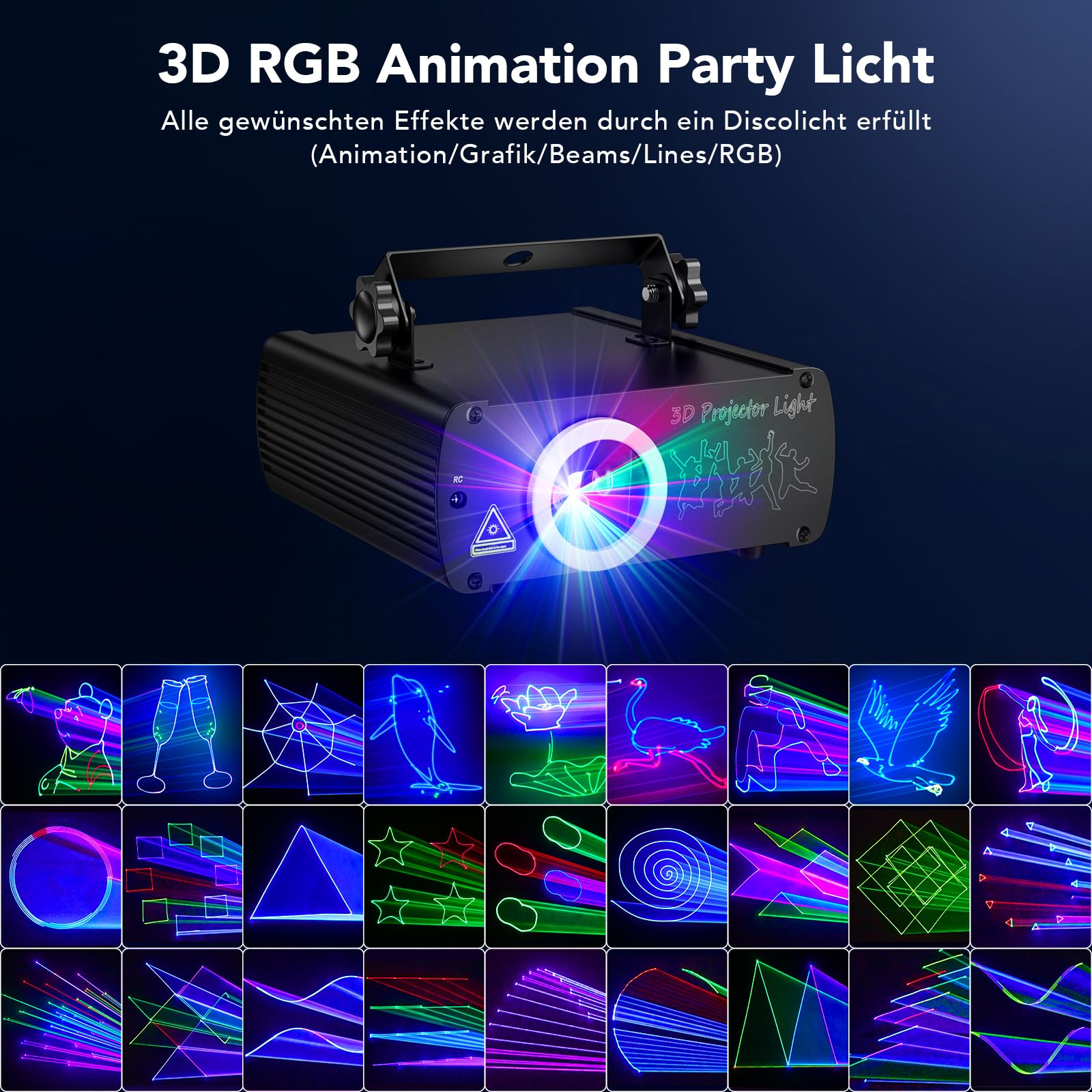 KeoBin 3D RGB Animations DJ Discolicht mit Fernbedienung | Dutzende Strahl- & Grafikmuster, Musiksteuerung, 34CH DMX512, Auto, Master-Slave, Zoom & Rotation für Club, KTV & Live Shows
