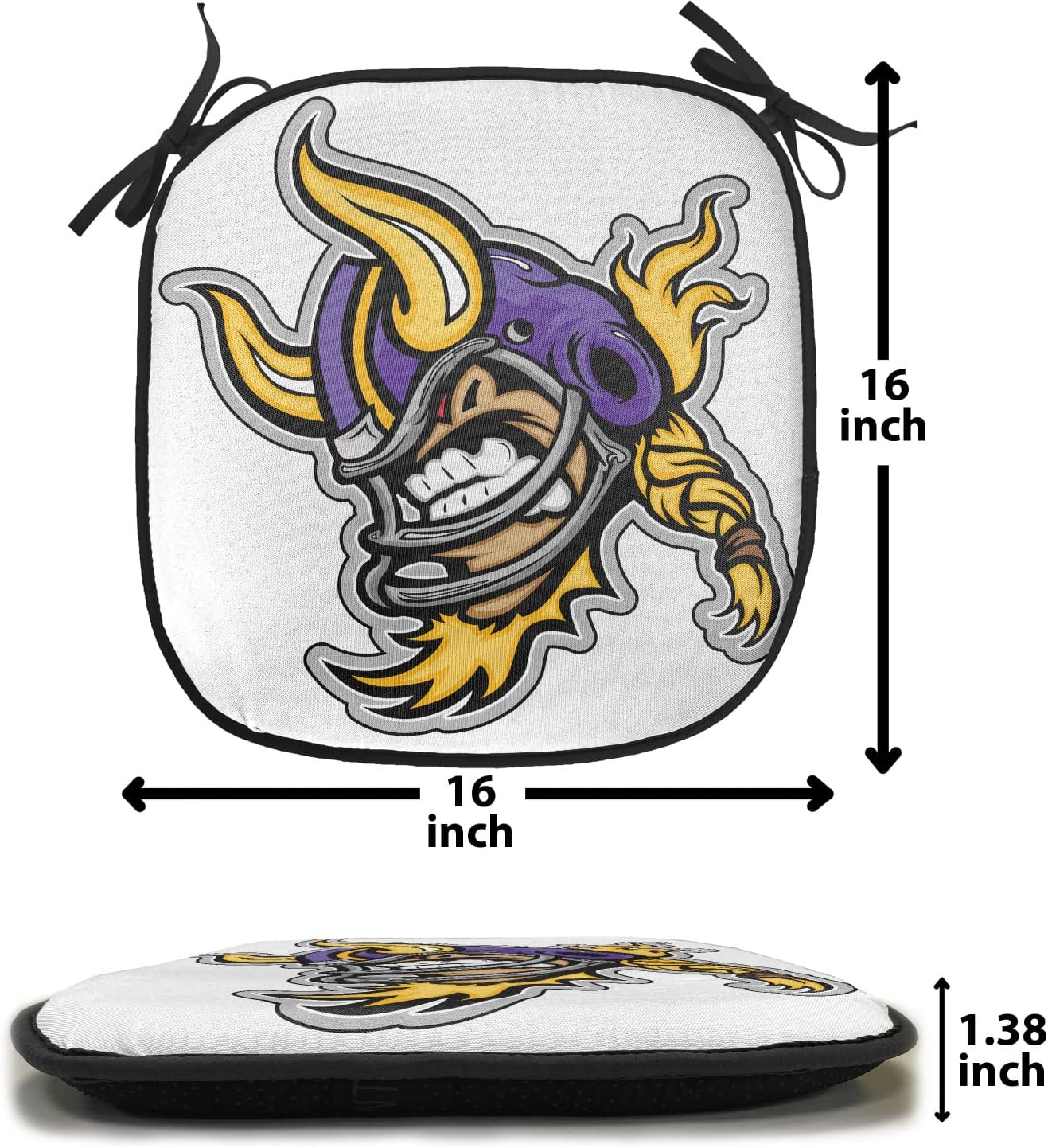 Lunarable Sports Chair Cushion Pads Set of 2, Image of a Snarling American Football Viking Mascot with Horns Illustration, Anti-Slip Seat Padding for Kitchen & Patio, 16"x16", Purple Yellow Grey