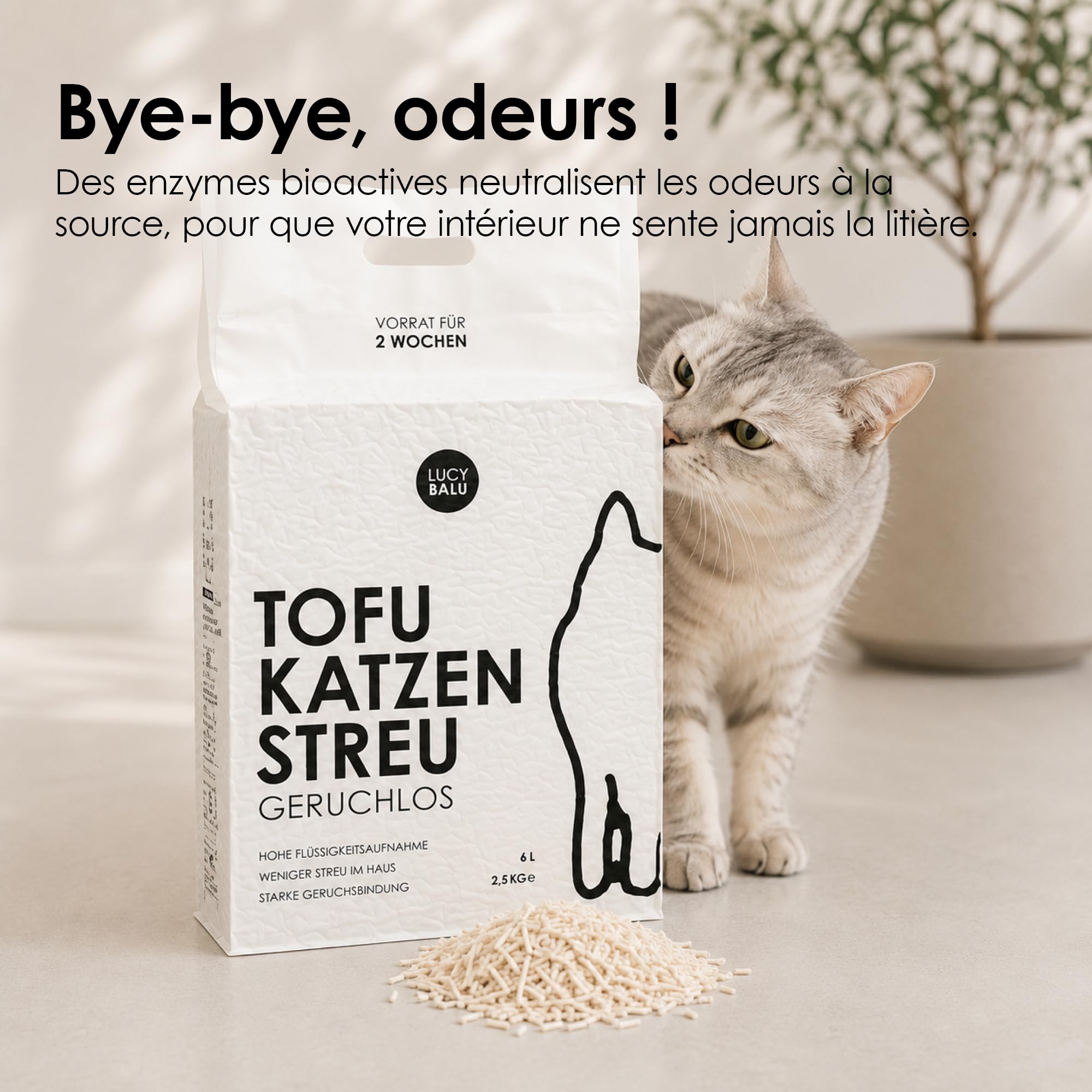 LucyBalu® Tofu Litière agglomérante pour Chat 24 litres I sans Odeur