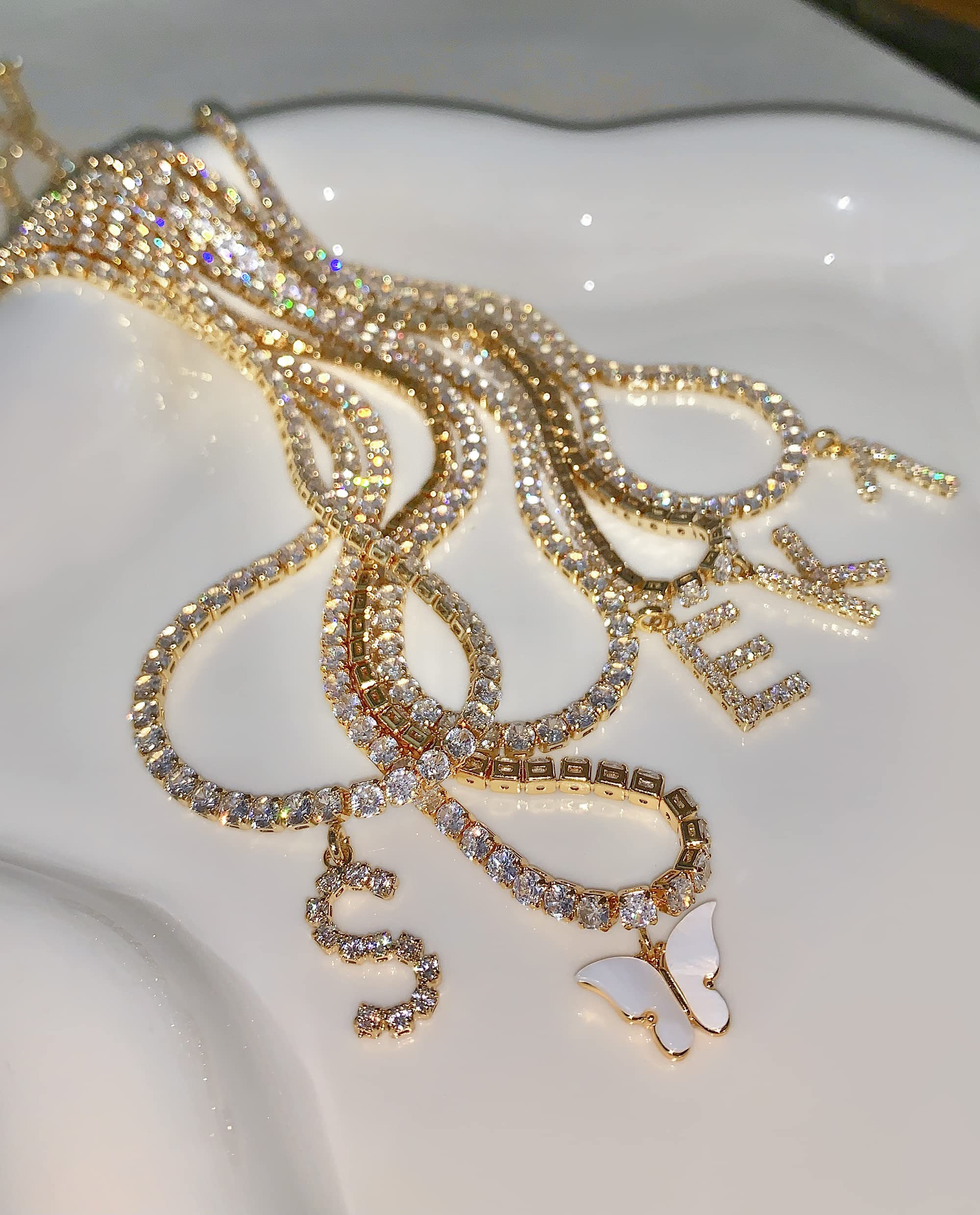 Letter Necklace 14k Gold Plated Tennis Chain Initial Choker Bling Iced CZ Diamond Necklace for Women