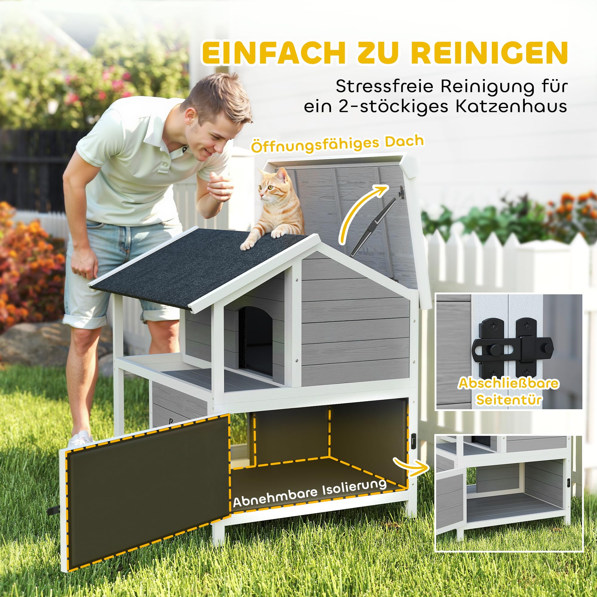 PawHut Katzenhaus aus Holz Winterfeste Katzenhöhle 80 x 93 x 95 cm Grau