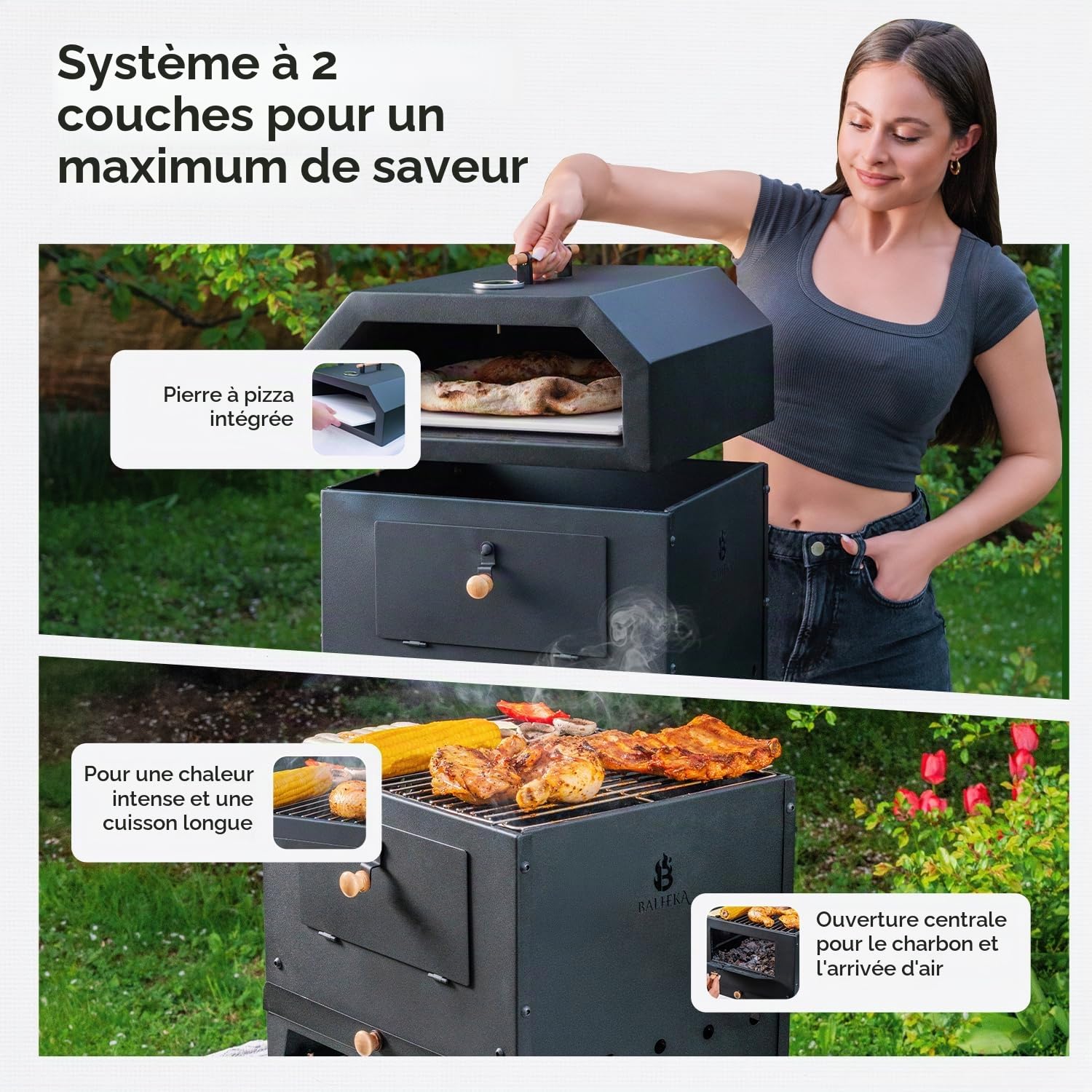 Four à pizza d'extérieur 2-en-1 avec foyer, set d'accessoires XXL incl. pierre de cordiérite, thermomètre, bac à charbon et housse de protection