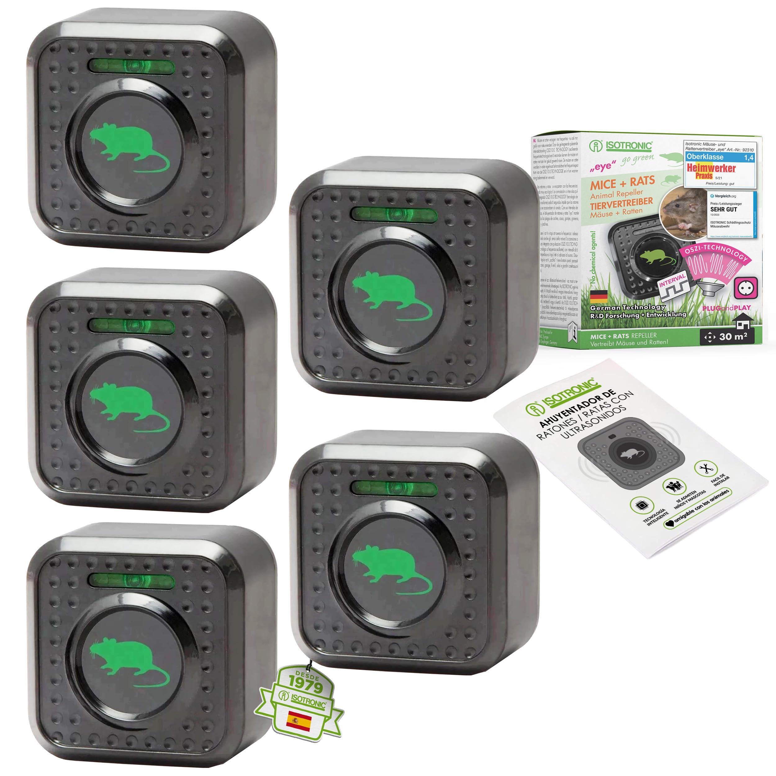 ISOTRONIC Repelente ultrasónico para Ratones y Ratas – Repelente de plagas para Interiores con luz Nocturna – Disuasivo para Ratones sin Veneno ni trampas – Alcance Efectivo de 30 m² (5 Unidades)