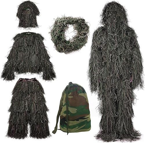 Sibosen Traje Ghillie 5 en 1 Ropa de caza de camuflaje 3D que incluye chaqueta, pantalones, capucha, bolsa de transporte