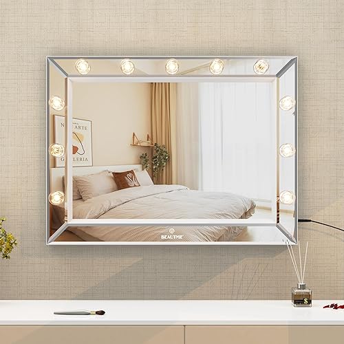 Miniatura 8 de WONSTART Espejo de tocador con luces de 33 x 24 pulgadas, espejo de maquillaje iluminado con 11 bombillas reemplazables y 10 lupa, carga USB, luz