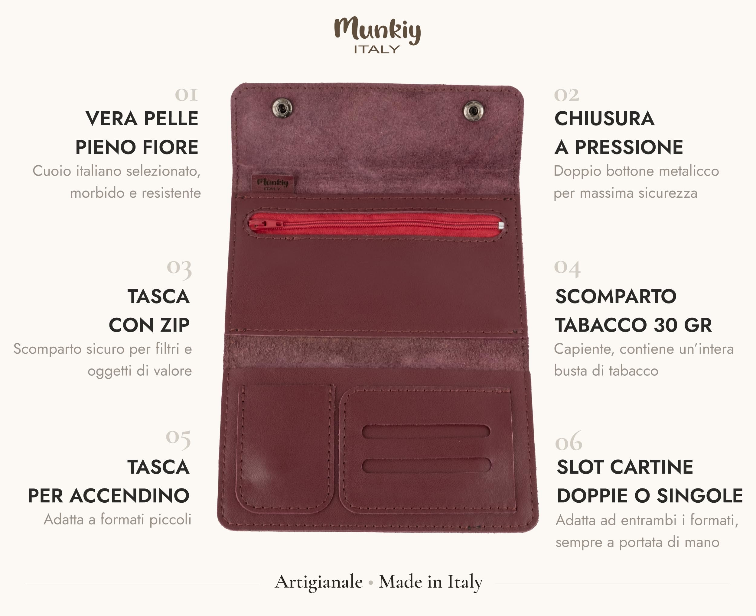 Portatabacco in Vera Pelle Personalizzabile con incisione - Astuccio con tasche e zip per tabacco, cartine e filtri - Regalo Made in Italy con scatola in metallo (Borgogna)