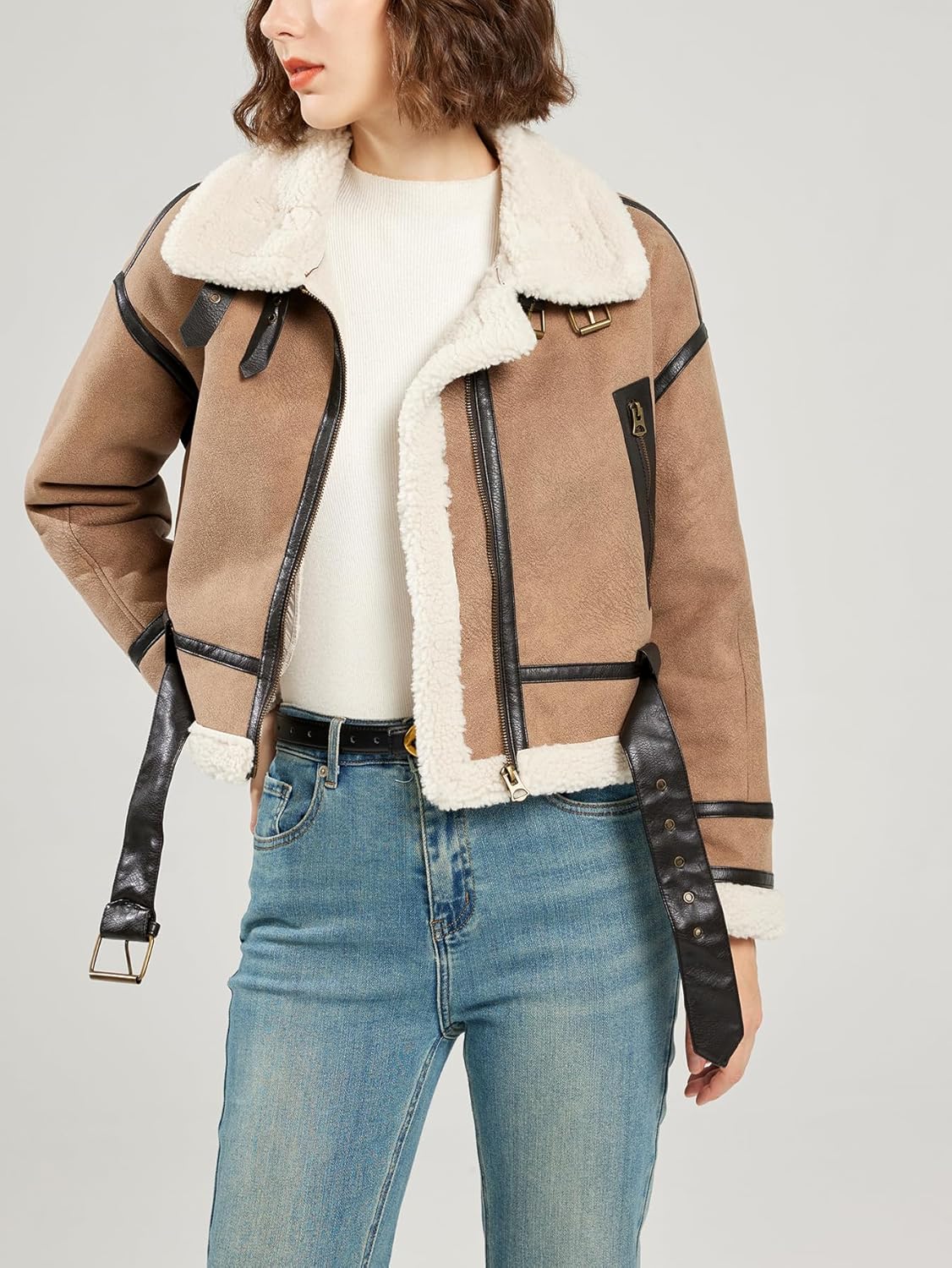 LY VAREY LIN Winter Women Faux Lamb Fur Leather Short Jacket Lapel Zipper Bomber Aviator Coat - Image 5