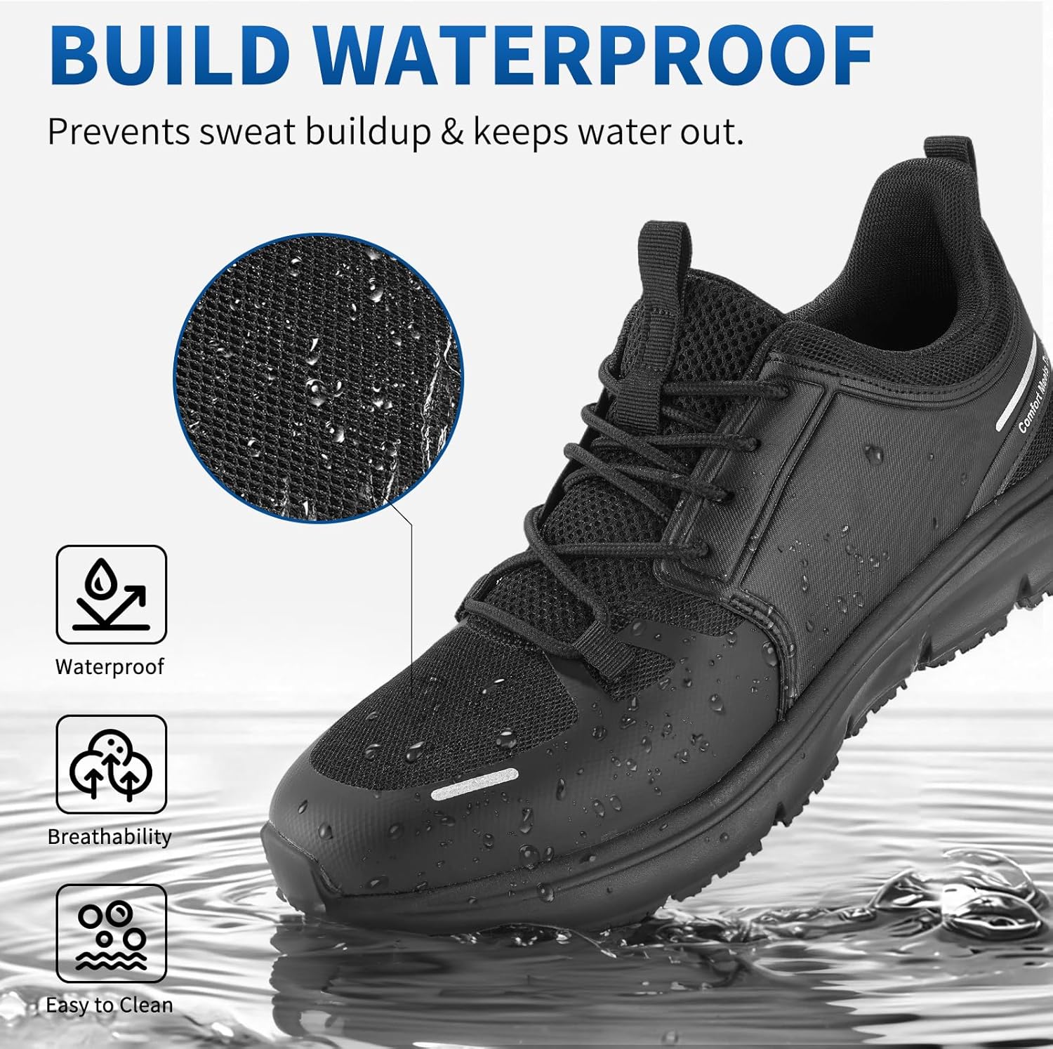 Men's Non Slip Work Shoes–Water Resistant Food Service Comfortable Sneakers, Breathable Lightweight Walking Black Shoes for Chef Kitchen, Hospitality & Restaurant - Image 4
