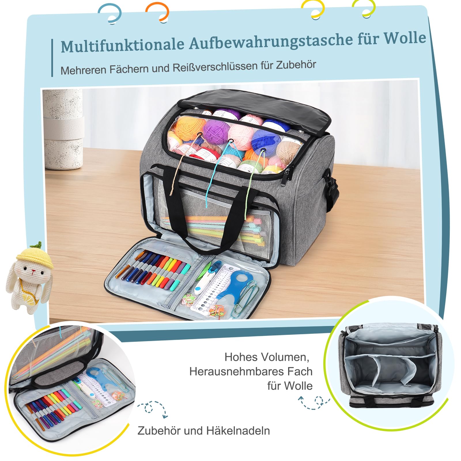 Katech Sac à Tricoter, Sac de Rangement pour Laine Fils Textiles, Sac Portable de Grande Capacité pour Accessoires de Crochet Tricot, Trousse de Aiguille à Crochet, Accessoires Non Inclus, Gris