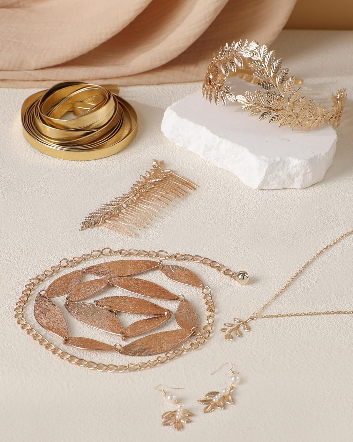 Greek Goddess Costume Accessories Set, 12 Pcs Laurel Leaf Crown Kit with Ring Earring Necklace Belt Bracelet Hair Pins and Arm Cuff, Renfaire Headpiece for Women Renaissance Halloween - Image 6