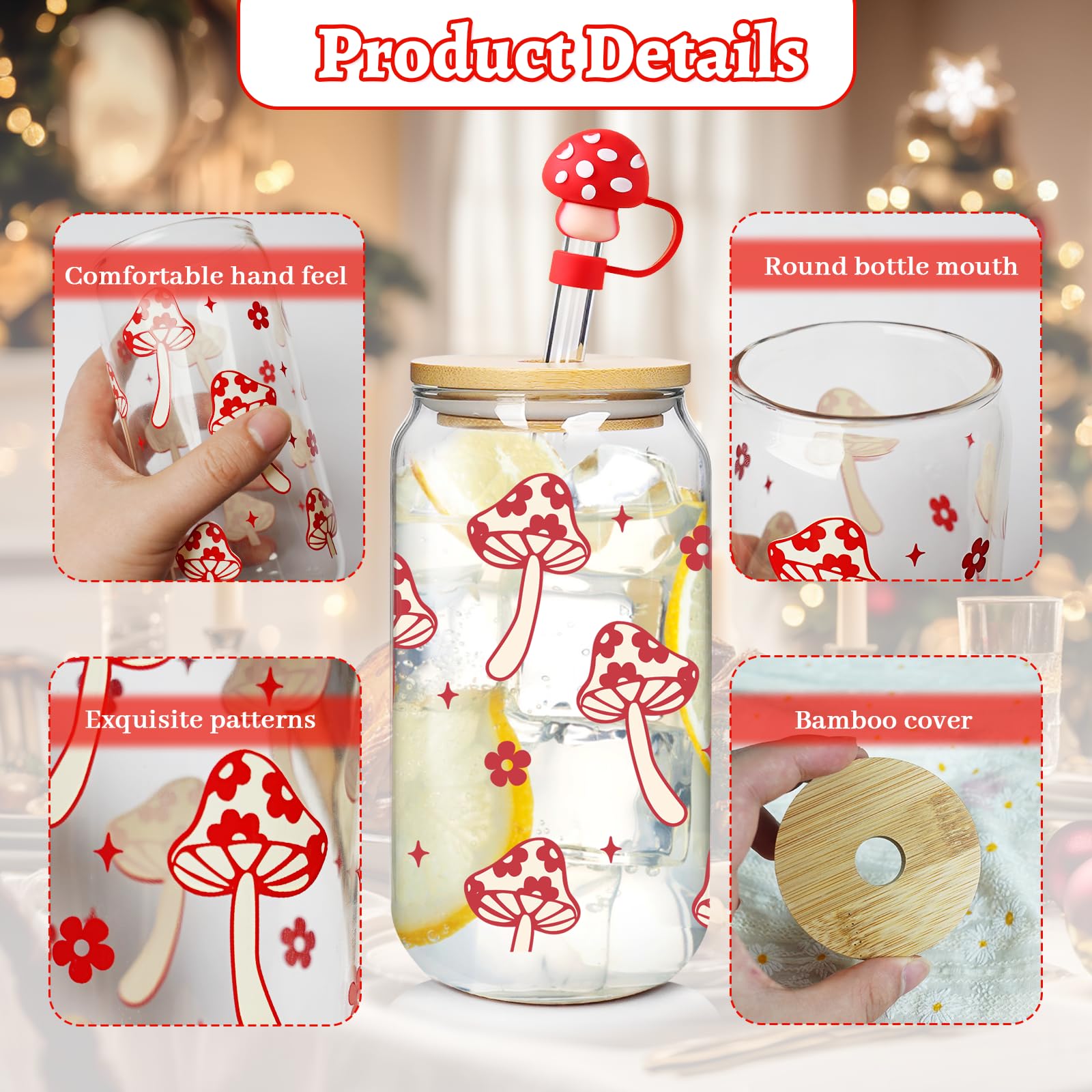 Mason Life Glass Cups with Lids and Straws, Pink Mushroom Iced Coffee Cup,Decorative Mushroom Design - Image 3