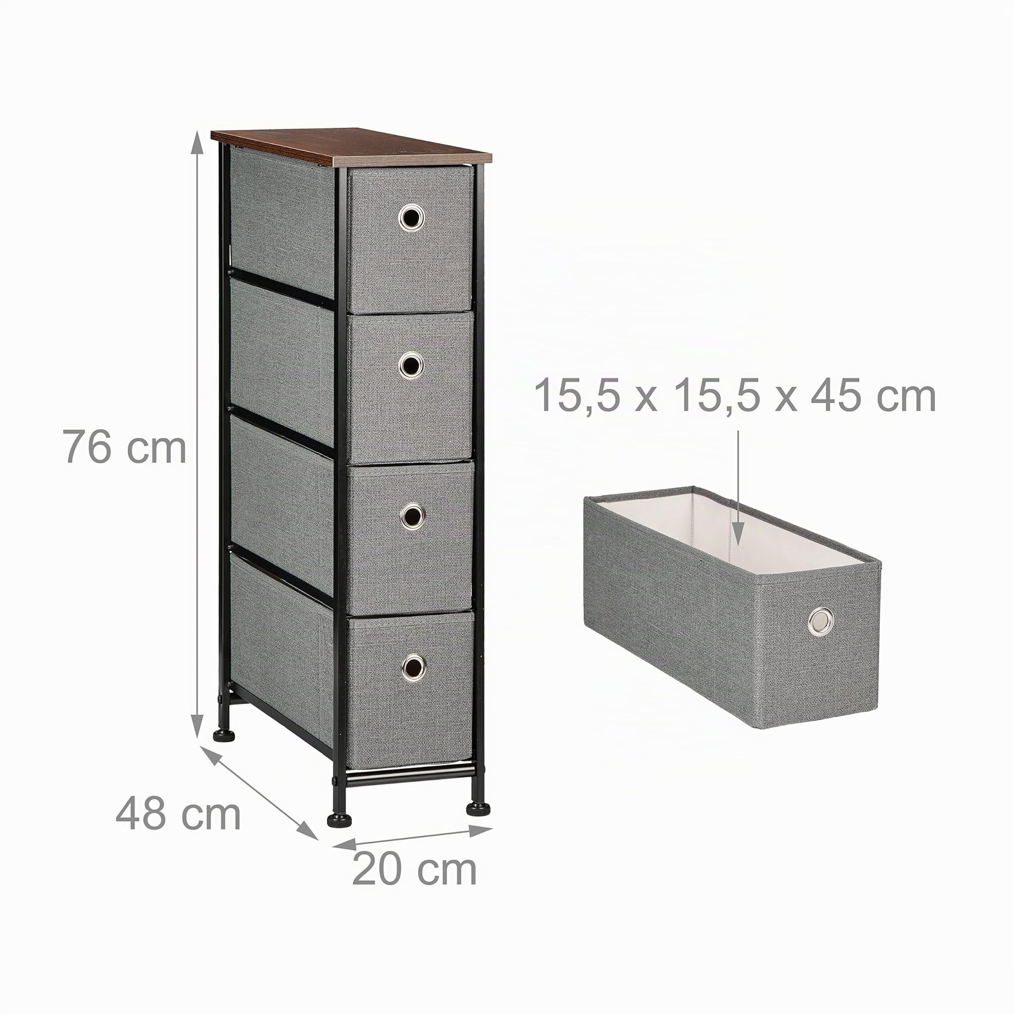 Relaxdays Mobiletto Salvaspazio Stretto, Largo Solo 20 cm, 4 Cassetti in Stoffa, Cassettiera per Salotto, Marrone Grigio